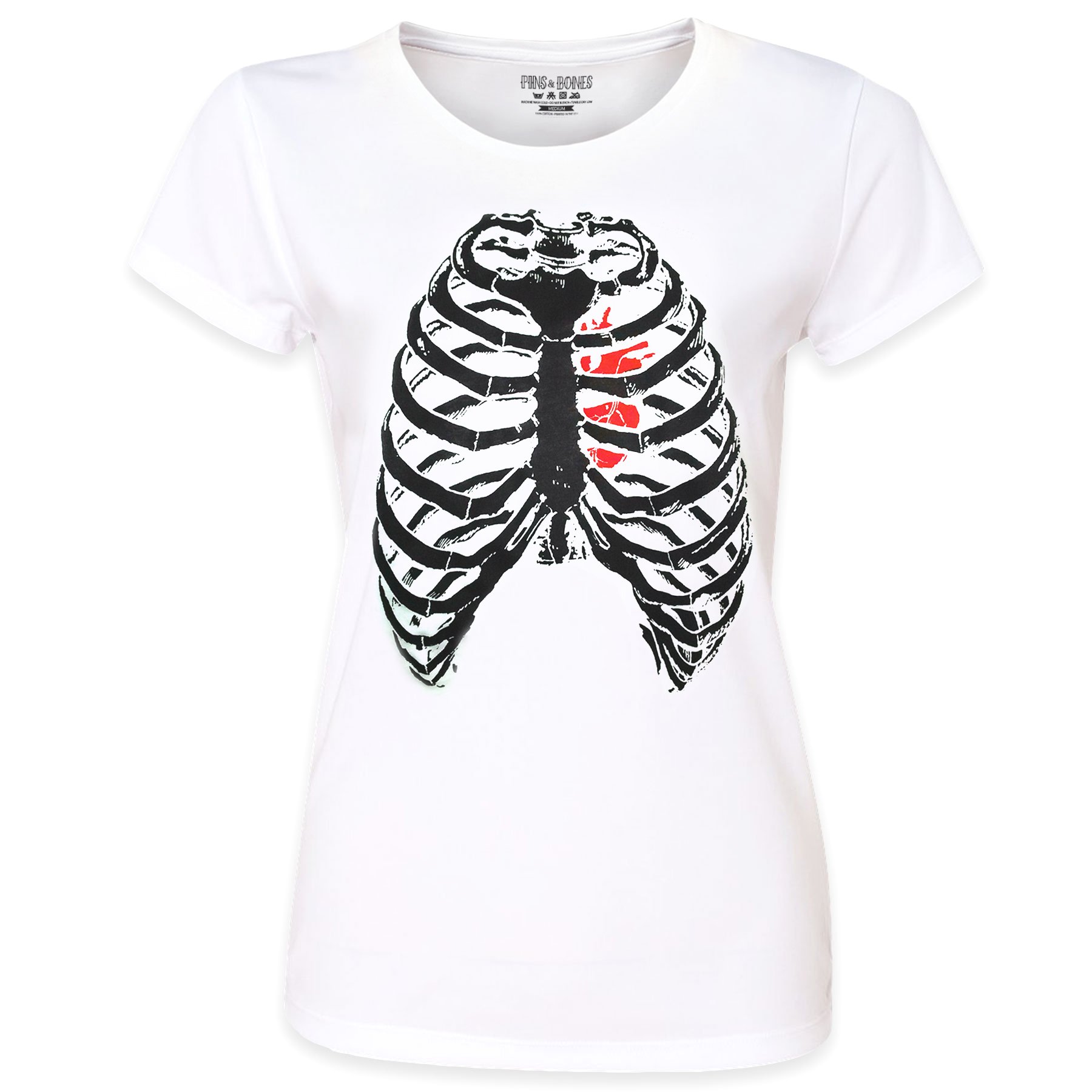 Pins & Bones Women's Skeleton Rib Cage Horror Graphic White T-Shirt | Gothic Fashion, Halloween Costume, Horror Theme Outfit