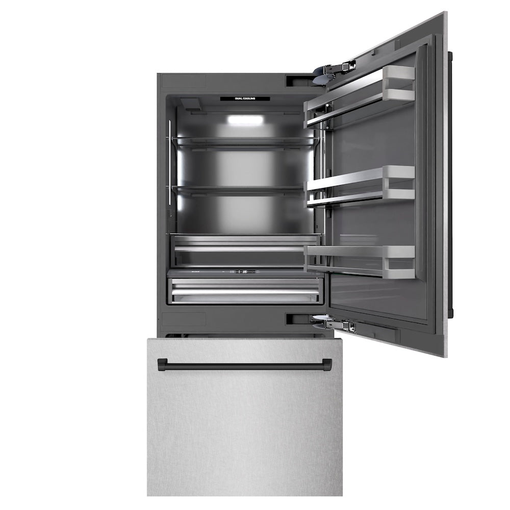 ZLINE Autograph Edition 36 Inch Built-In Bottom Freezer Refrigerator - 19.8 cu.ft Capacity, Satin Stainless Steel with Graphite Gray Interior & Matte Black Accents - Water Dispenser & Ice Maker - Perfect for Modern Kitchens, Open Concept Homes & Luxury Appliances (GRBITZ SN 36 MB)