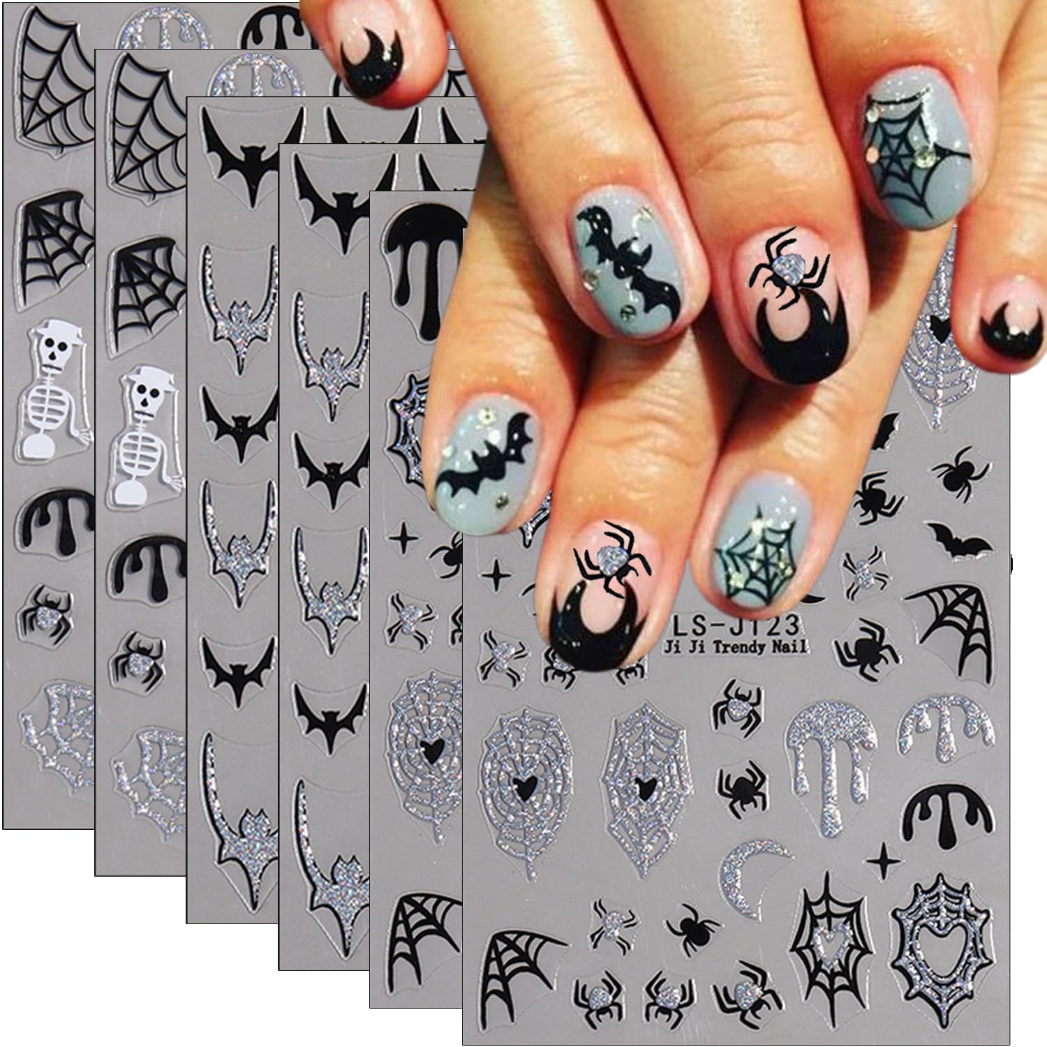 3D Halloween Nail Stickers - Spider Web, Bat, Skull, Black Silver Spider & Pumpkin Nail Art Decals - Self-Adhesive French Manicure Supplies for Women (6Pcs) - Perfect for Halloween Parties, Costume Events & Spooky Nail Designs