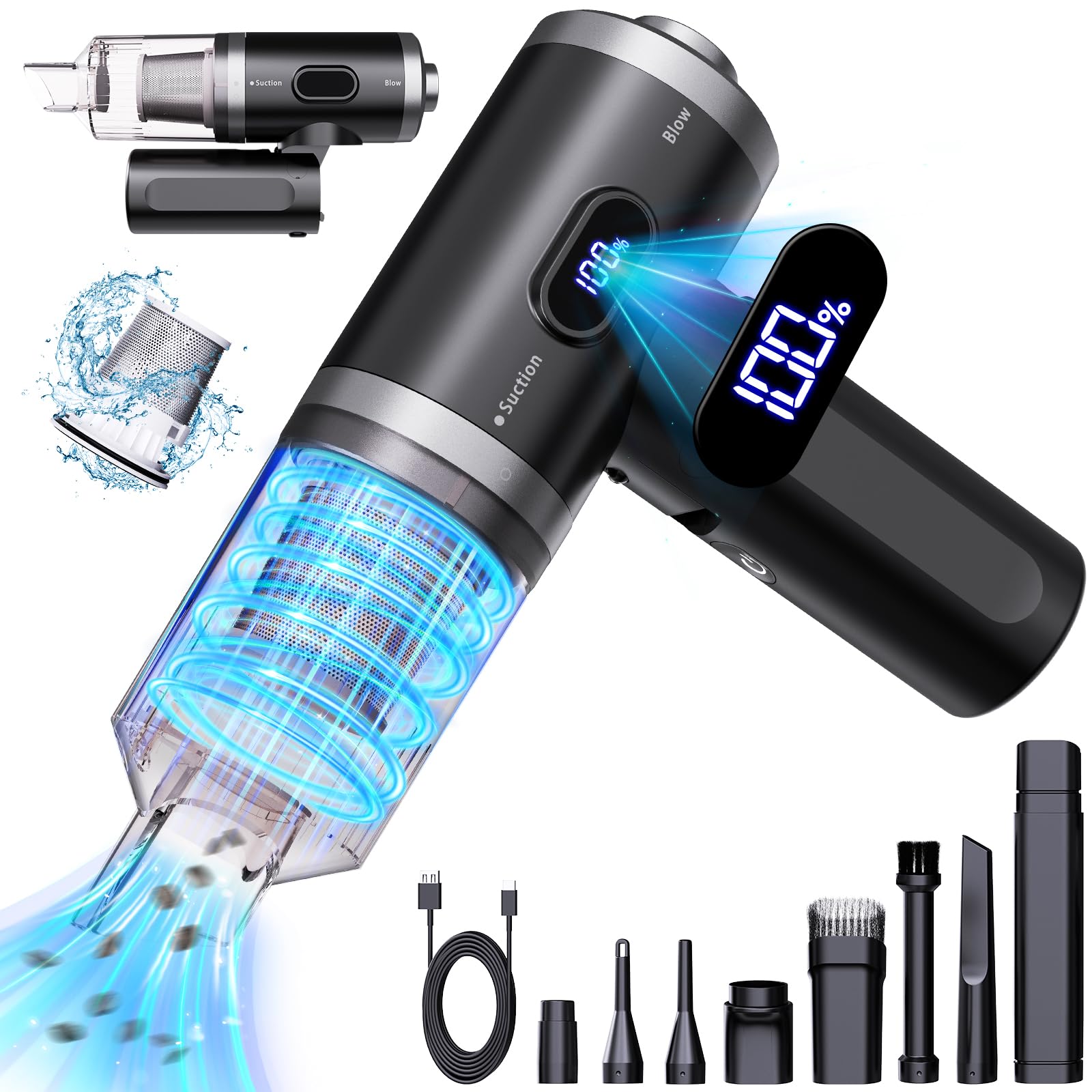 7-in-1 Cordless Handheld Vacuum Cleaner with 14000PA Suction Power - Portable Car Vacuum with Brushless Motor, LCD Display & LED Light - Foldable 90° Design for Home, Car, Kitchen, Office Desk & Keyboard Cleaning