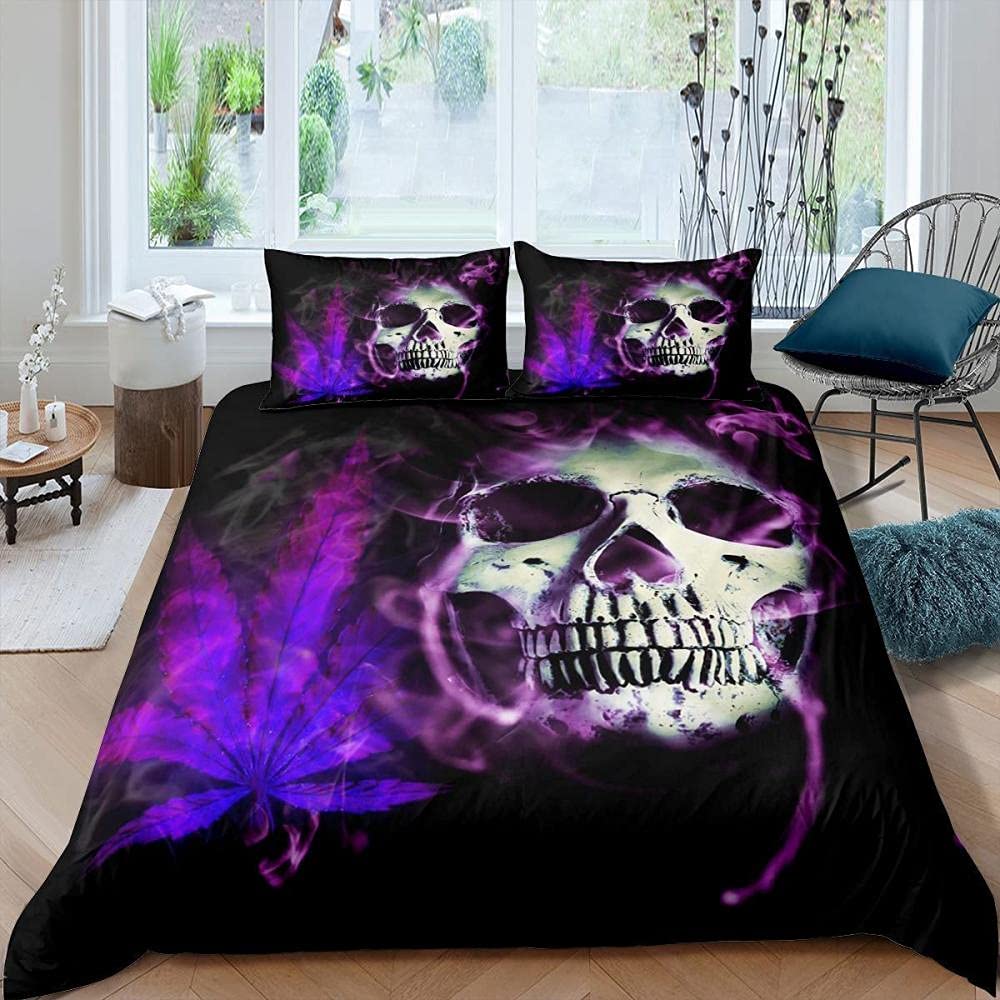**Queen Size Marijuana Leaves Comforter Set - Sugar Skull Duvet Cover with Cannabis Leaf Design in Purple & Black - Full/Queen/Double Bedding Set for Teens & Adults - Perfect for Dorm Rooms, Themed Bedrooms & Stoner Decor**