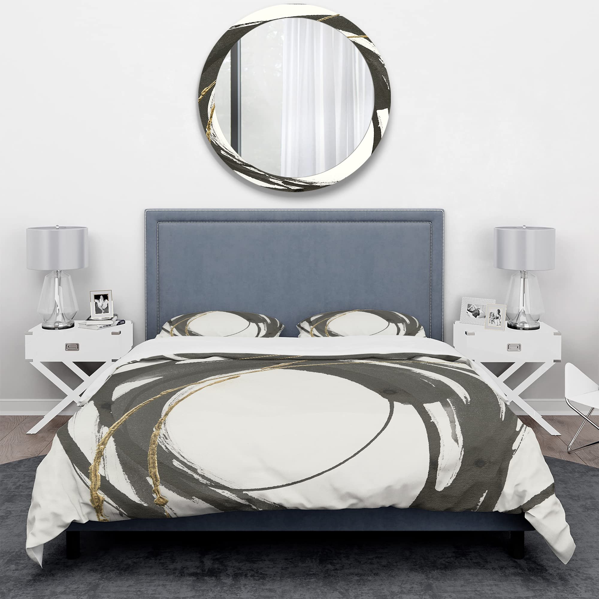 DesignQ Gold Glamour Circle Modern Contemporary King Duvet Cover Set - 3 Piece Abstract Bedding in Black | All Season Luxury Bedroom Decor for Master Bedroom & Guest Room