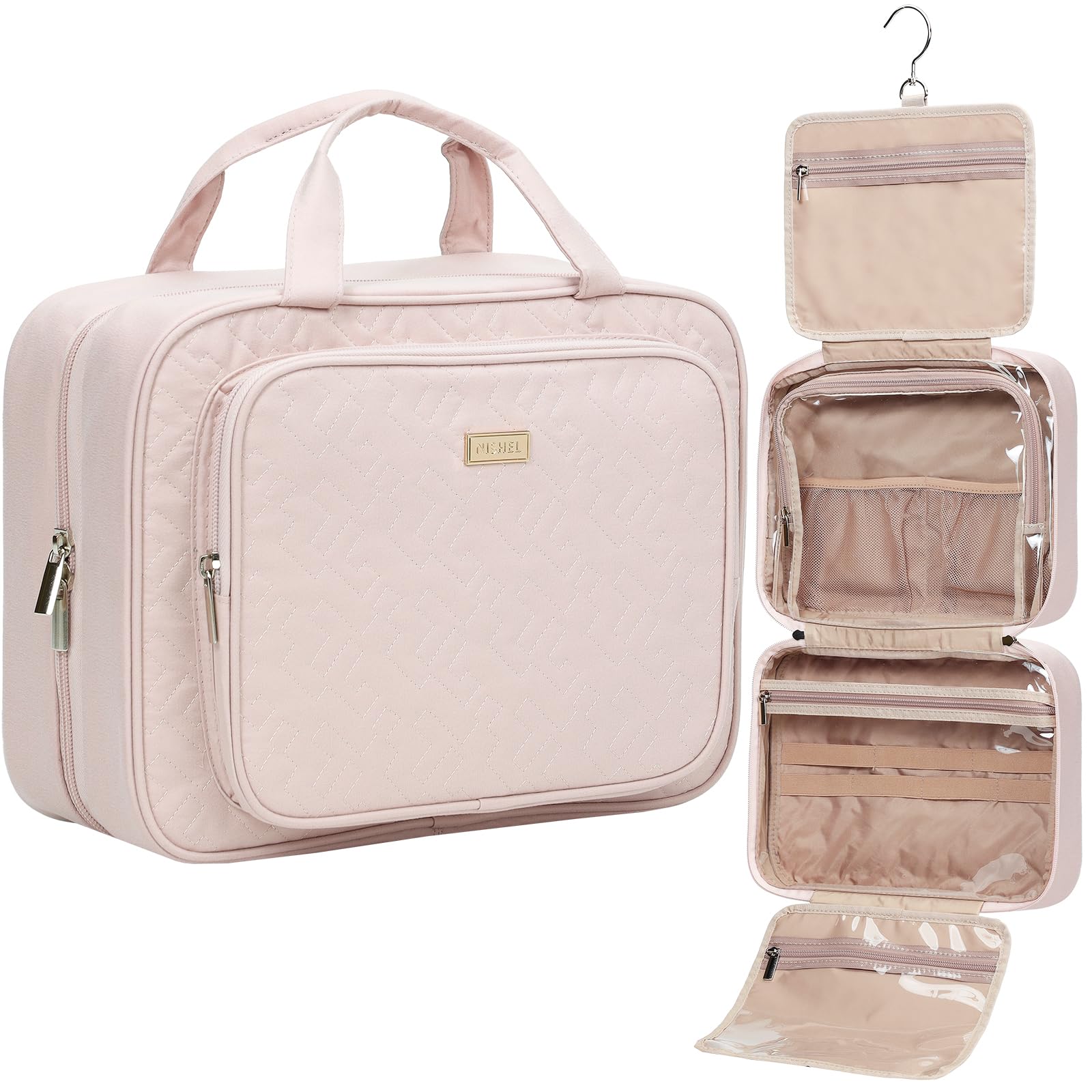 NISHEL Large Hanging Travel Toiletry Bag for Women - Waterproof Makeup Organizer with Multiple Pockets for Cosmetics, Skincare & Accessories (Pink) | Perfect for Vacation, Business Trips & Gym Essentials Storage