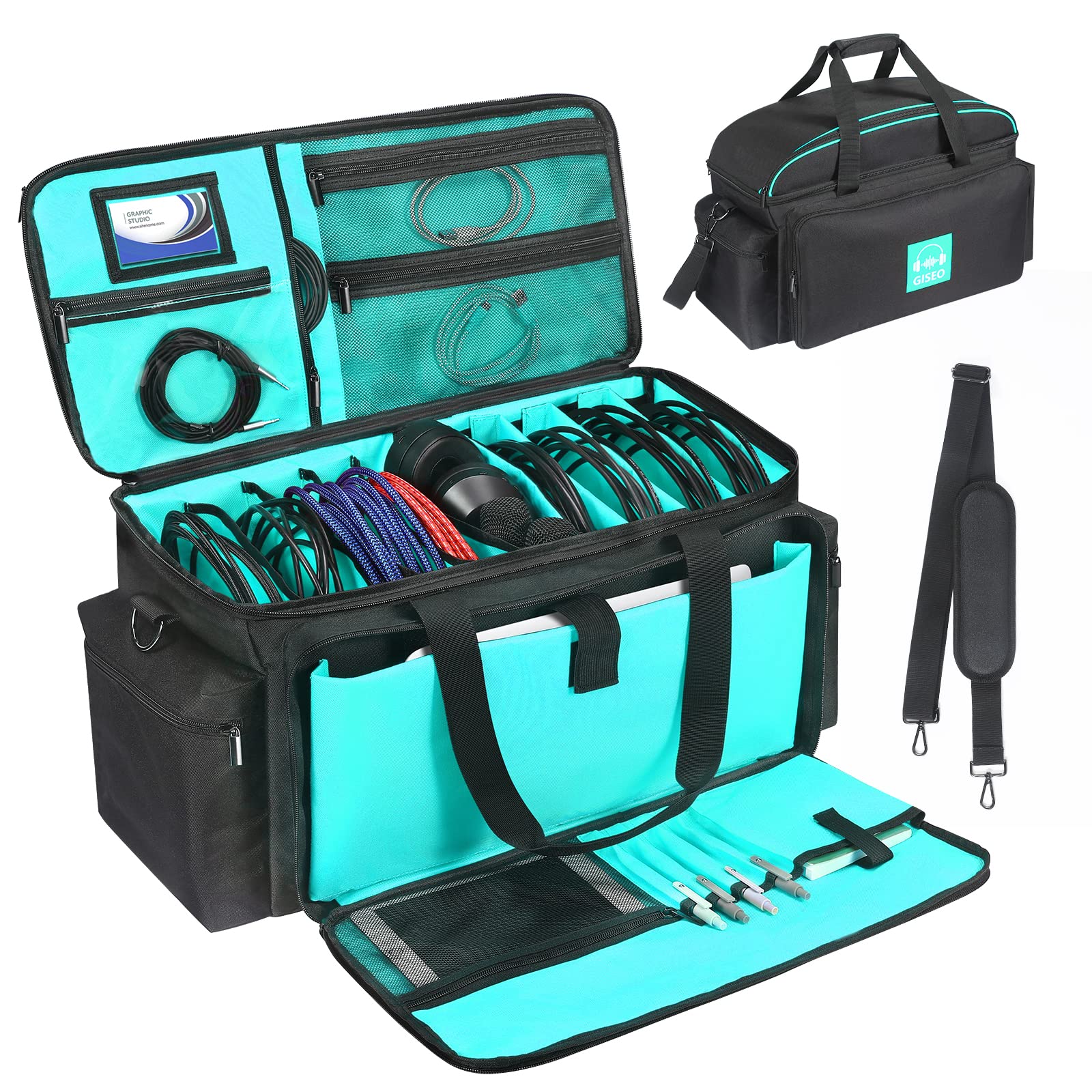DJ Gear Storage Organizer Bag - Detachable Padded Bottom & Dividers for Cables & Sound Equipment (Blue) - Perfect for Musicians & Travel