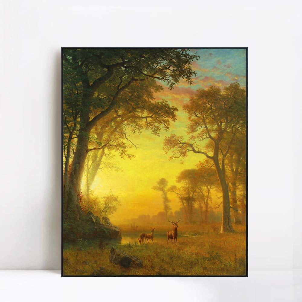 Albert Bierstadt Sunset Deer River Giclee Print - 20x24 Inch Framed Canvas Wall Art for Living Room & Home Office Decor (Black Slim Frame) | Nature Landscape Painting | Perfect for Rustic, Farmhouse & Modern Interior Design
