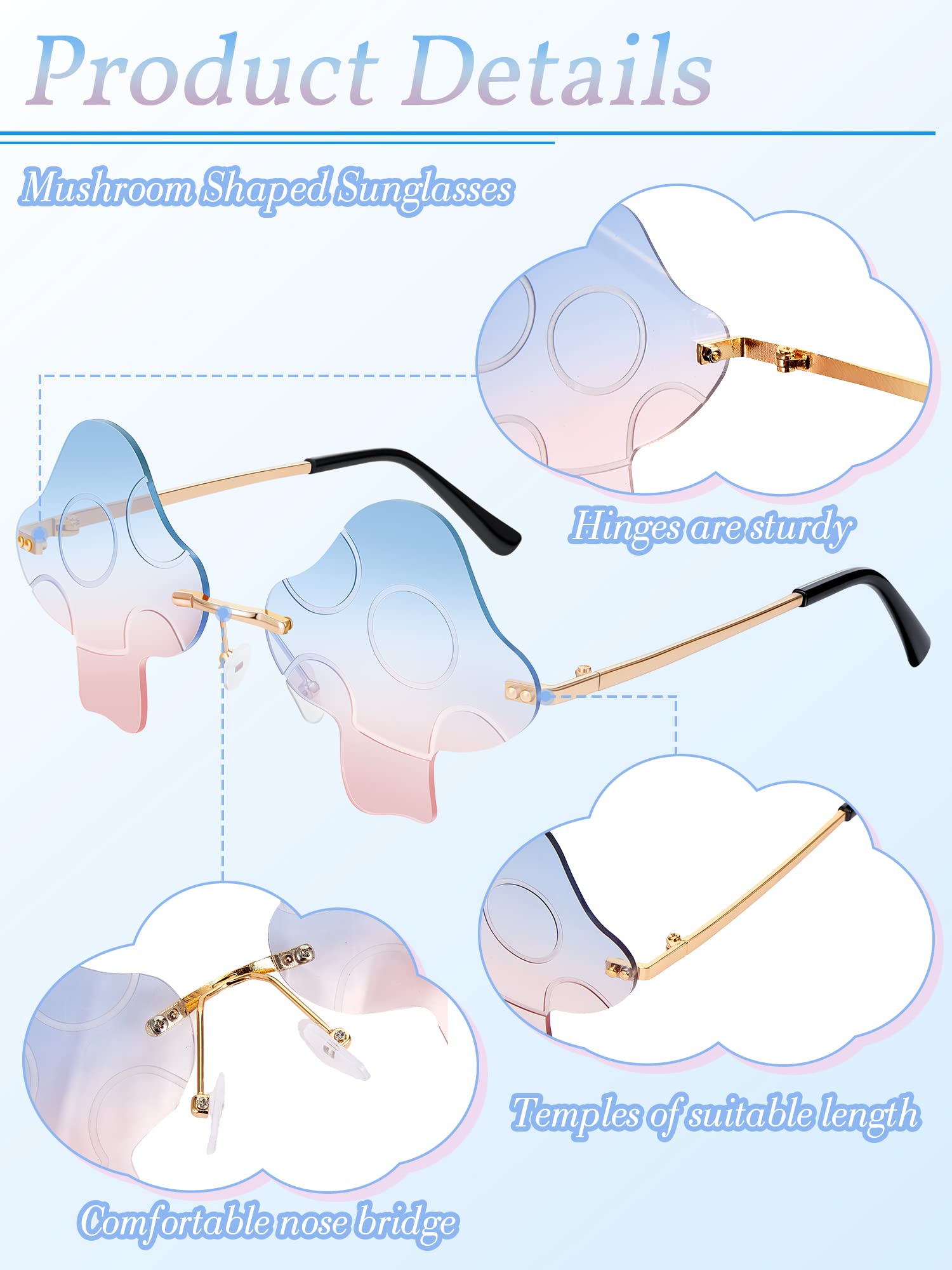 Dunzy 6 Pairs Retro Trendy Mushroom Sunglasses - Rimless Transparent Sun Glasses for Women & Men | Perfect for Beach, Driving, and Fashion Outfits