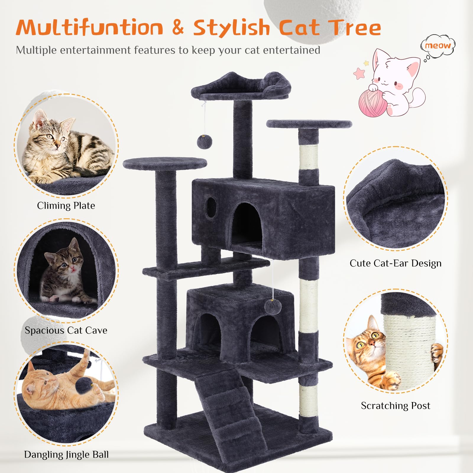 Premium 54-Inch FluffyDream Multi-Level Cat Tree Tower for Indoor Cats - Sisal Scratching Posts, Play House & Condo for Large Cats & Kittens (Gray) | Perfect for Small Apartments & Pet-Friendly Homes