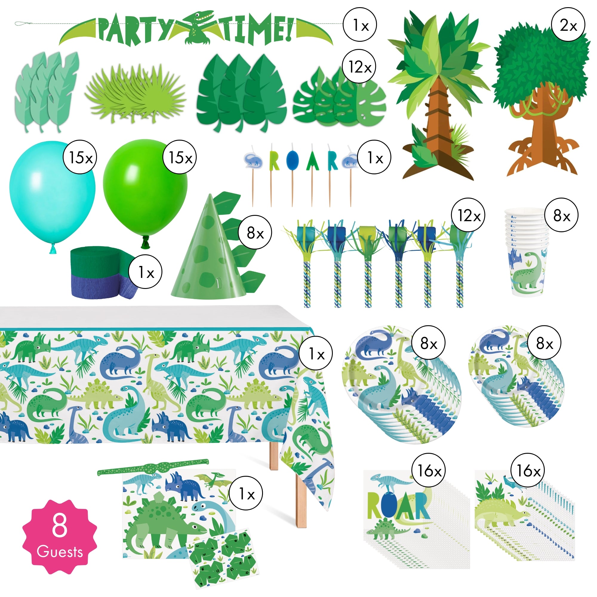 Blue and Green Dinosaur Themed Birthday Party Supplies Kit for 8 Guests - Perfect for Kids' Birthday Celebrations, Themed Parties & Decorations