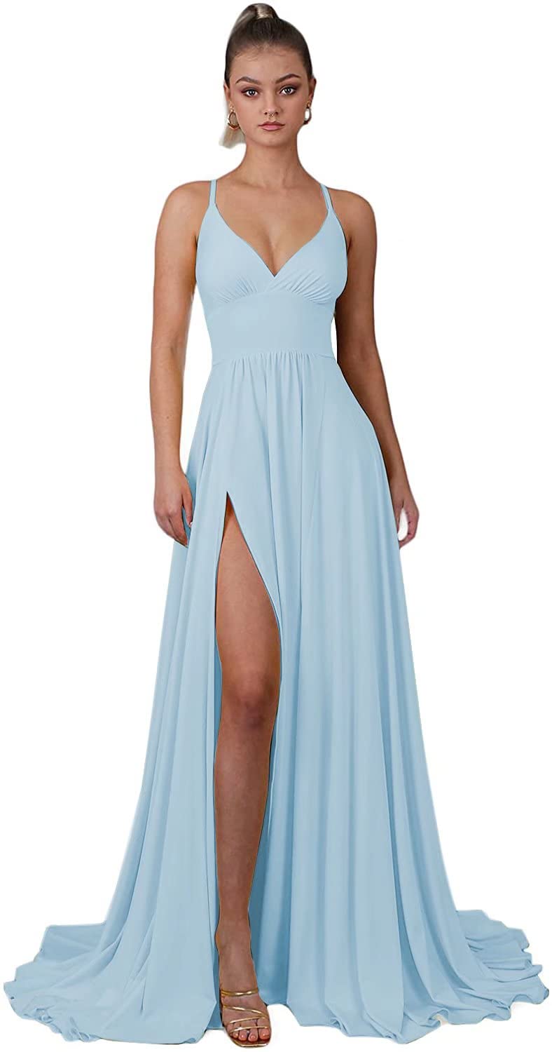 Elegant Spaghetti Straps V-Neck Bridesmaid Dress - Long A-Line Formal Evening Gown with High Slit | Perfect for Weddings, Prom, Cocktail Parties & Special Occasions