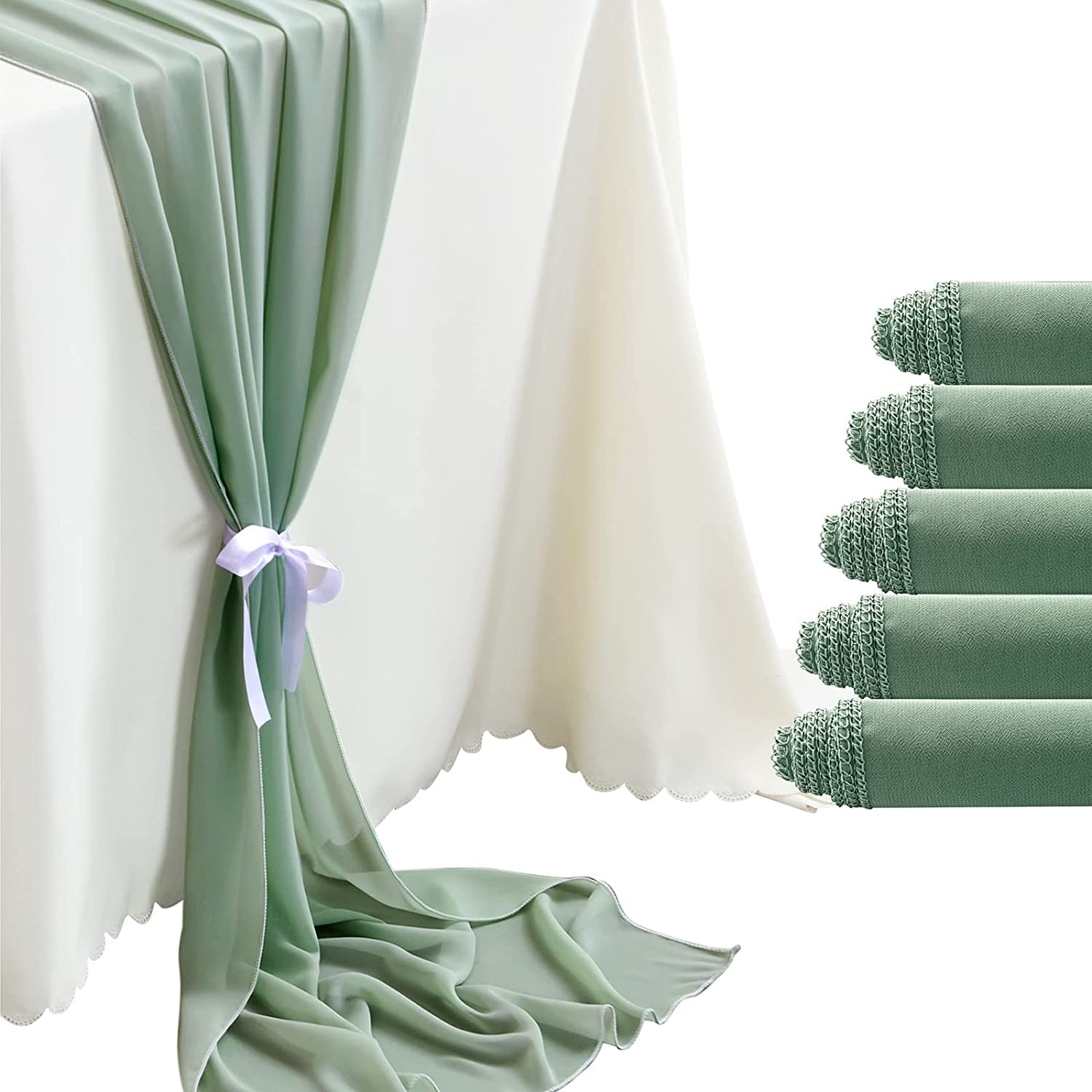 5 Pack Sage Green Chiffon Table Runner 10Ft - 29x120 Inches Sheer Romantic Tulle Tablecloth for Wedding, Bridal Shower, Baby Shower, Birthday Party & Cake Table Decor - Elegant Dining & Event Decoration