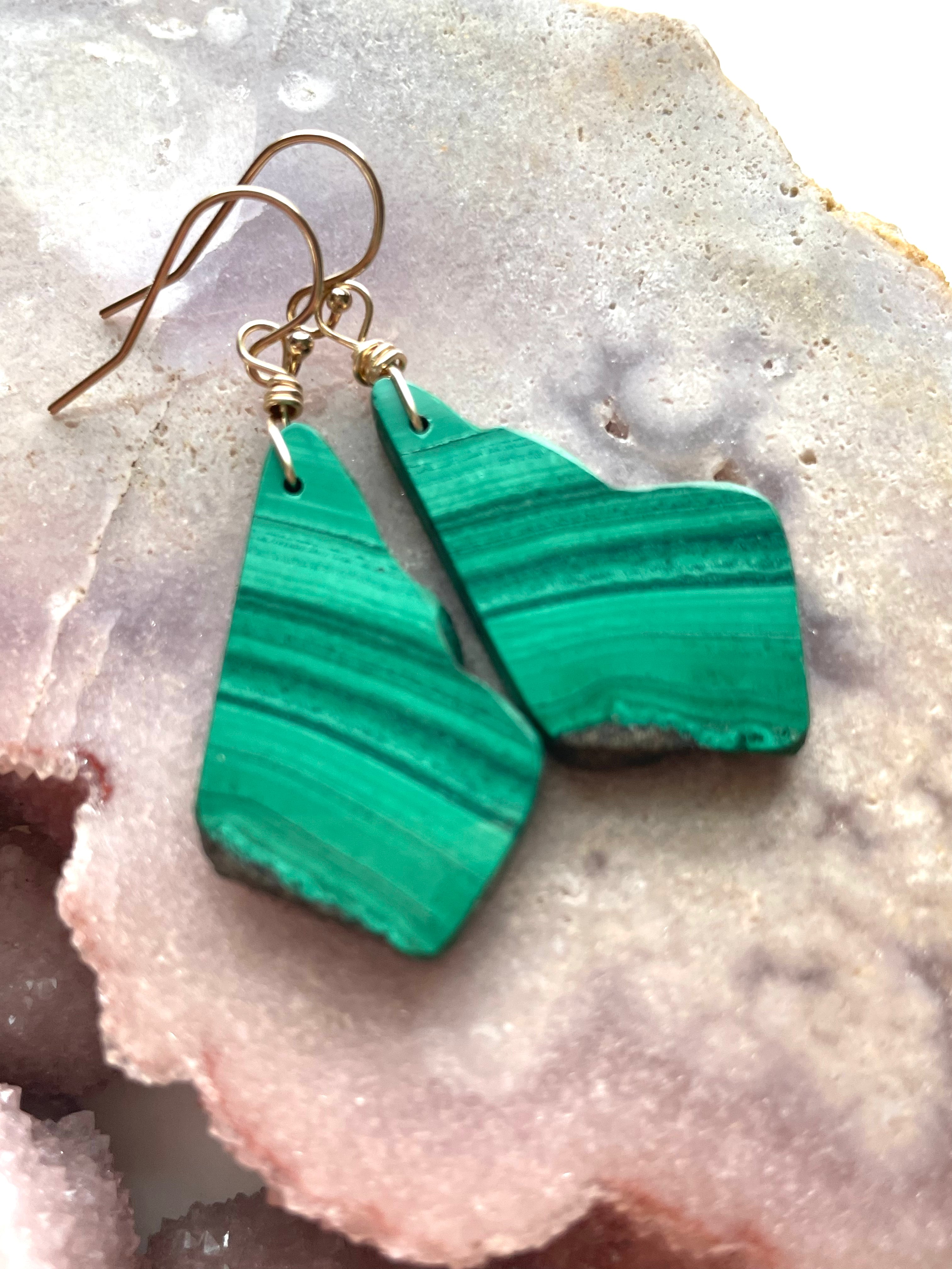 14kt Gold Filled Long Malachite Crystal Dangle Earrings - Handmade Boho Chic Jewelry for Women, Gift for Her | Perfect for Parties, Weddings & Special Occasions