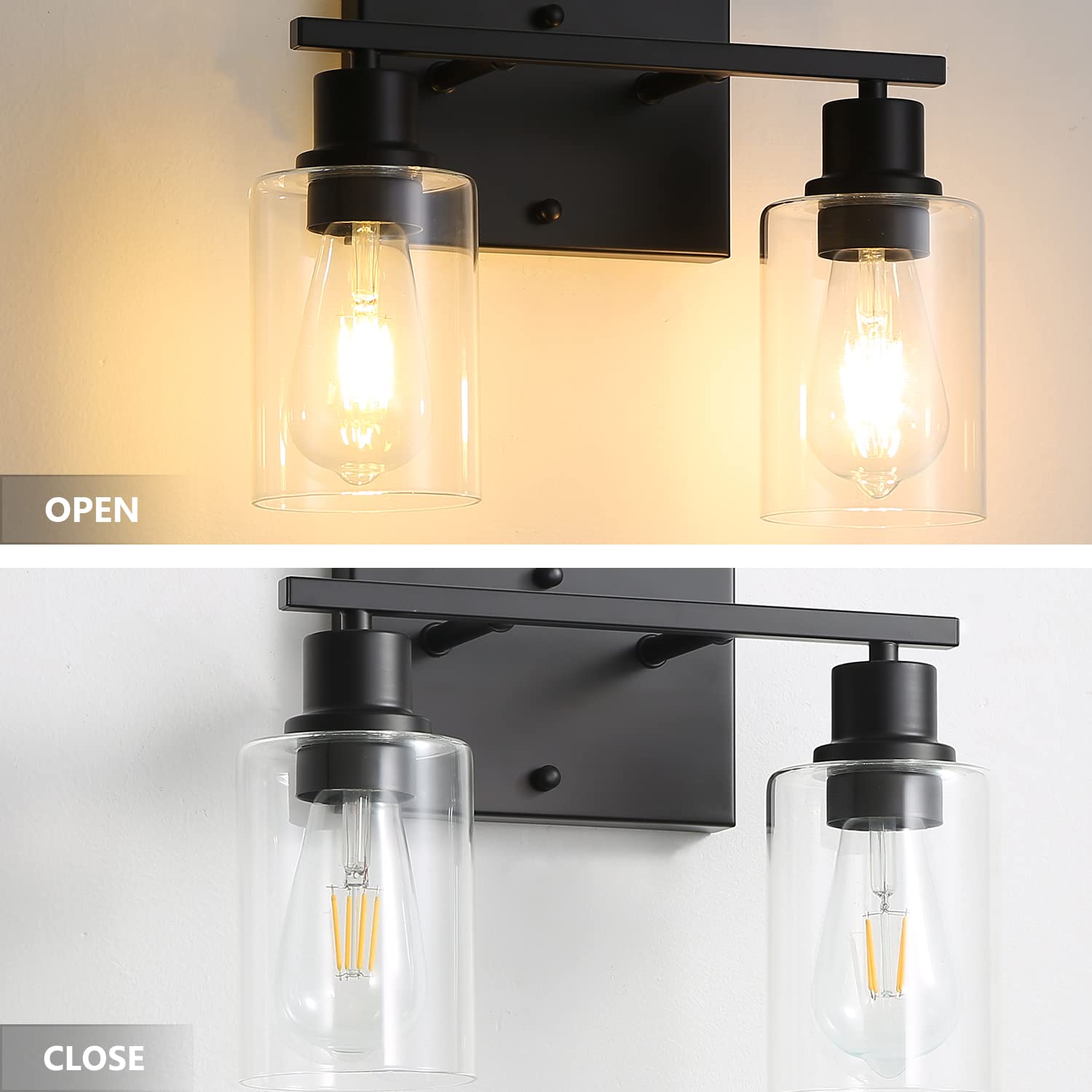 EMONG 2-Light Matte Black Bathroom Vanity Light Fixture with Glass Shade - Modern Wall Sconce Lighting for Bathroom, Mirror, Farmhouse & Hallway - Perfect for Vanity Makeup, Shaving & Ambient Lighting