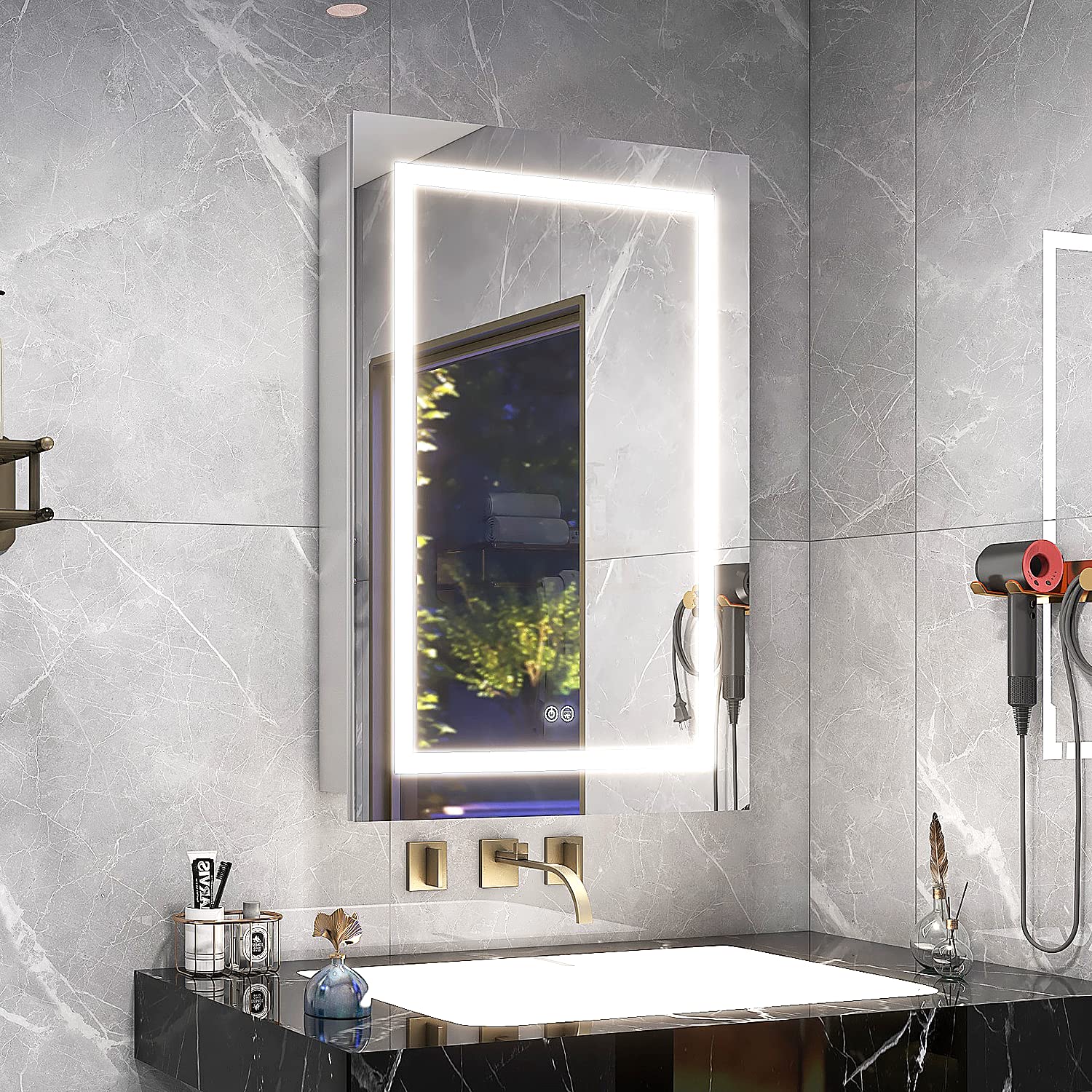 MIRPLUS 26x20 Inch Recessed or Surface Mount LED Bathroom Medicine Cabinet with Anti-Fog Mirror - Single Door Right Opening for Modern Bathrooms & Vanities