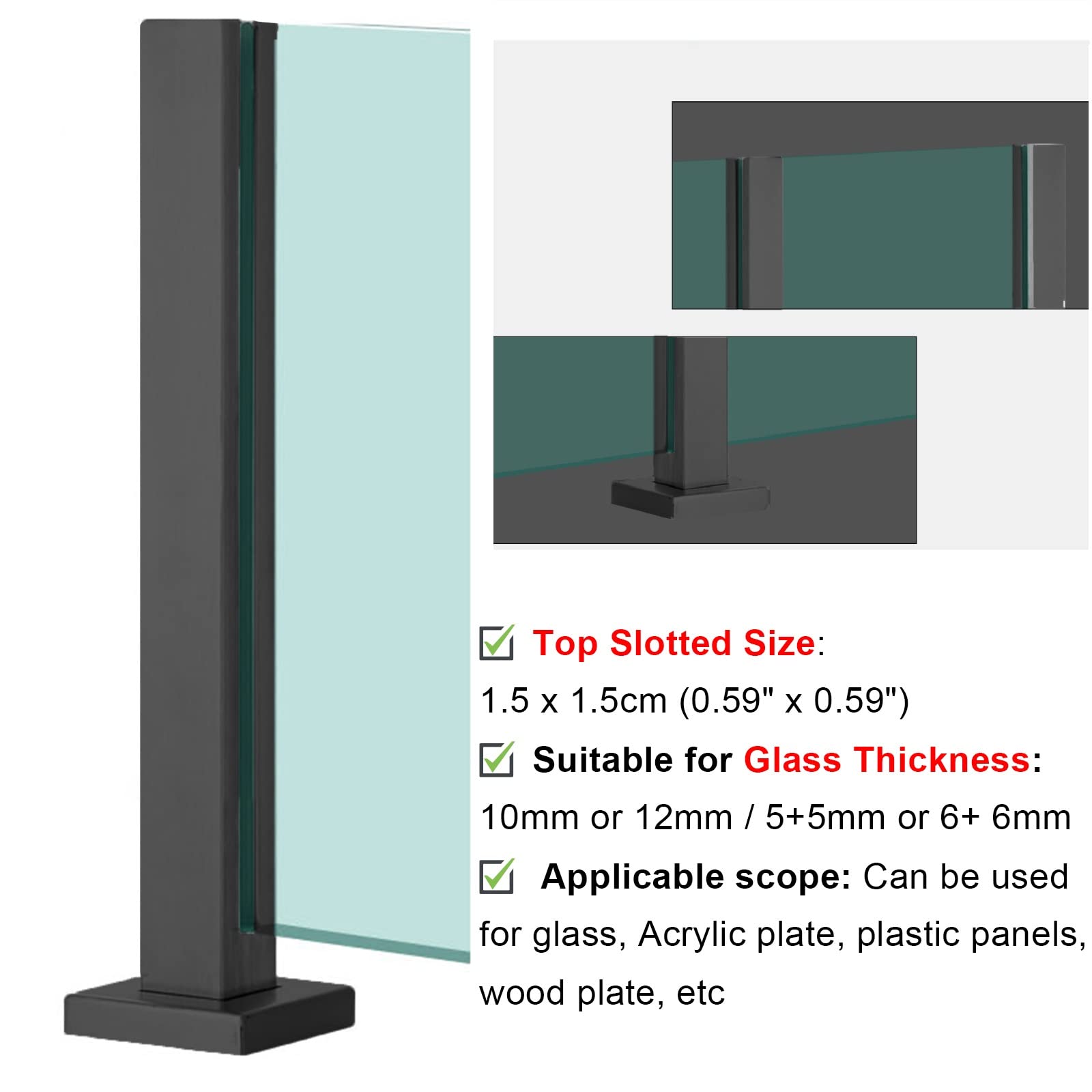 Black Glass Panel Fencing Railing Post - Balustrade End/Mid/Corner Metal Column for Indoor & Outdoor Glass Fence - Fits 10-12mm Thick Glass - 80cm/31.5in Height - Modern Home & Garden Security Barrier for Patio, Pool, Deck, and Staircase