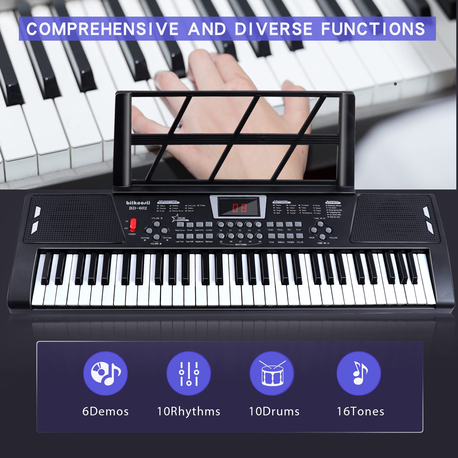 61-Key Portable Digital Piano Keyboard for Beginners with Built-In Dual Speakers & Microphone - Perfect for Home Practice, Music Lessons, and Live Performances