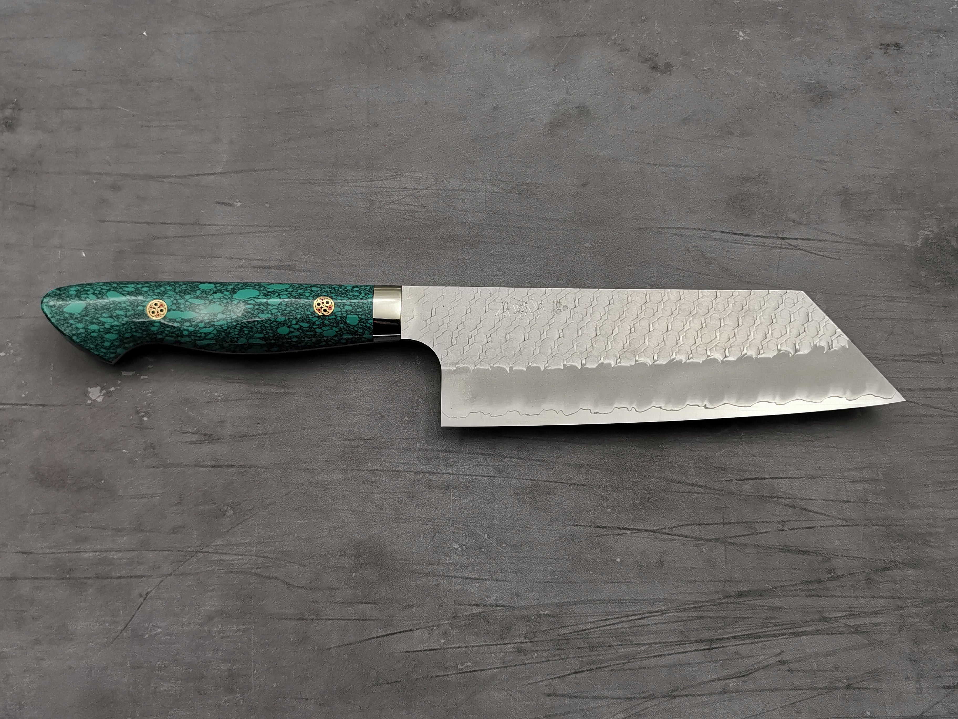 Premium Nigara Hamono SG2 Tsuchime Kiritsuke Nakiri Knife with Green Turquoise Handle - Japanese Kitchen Knife for Sushi, Vegetables & Precision Cutting