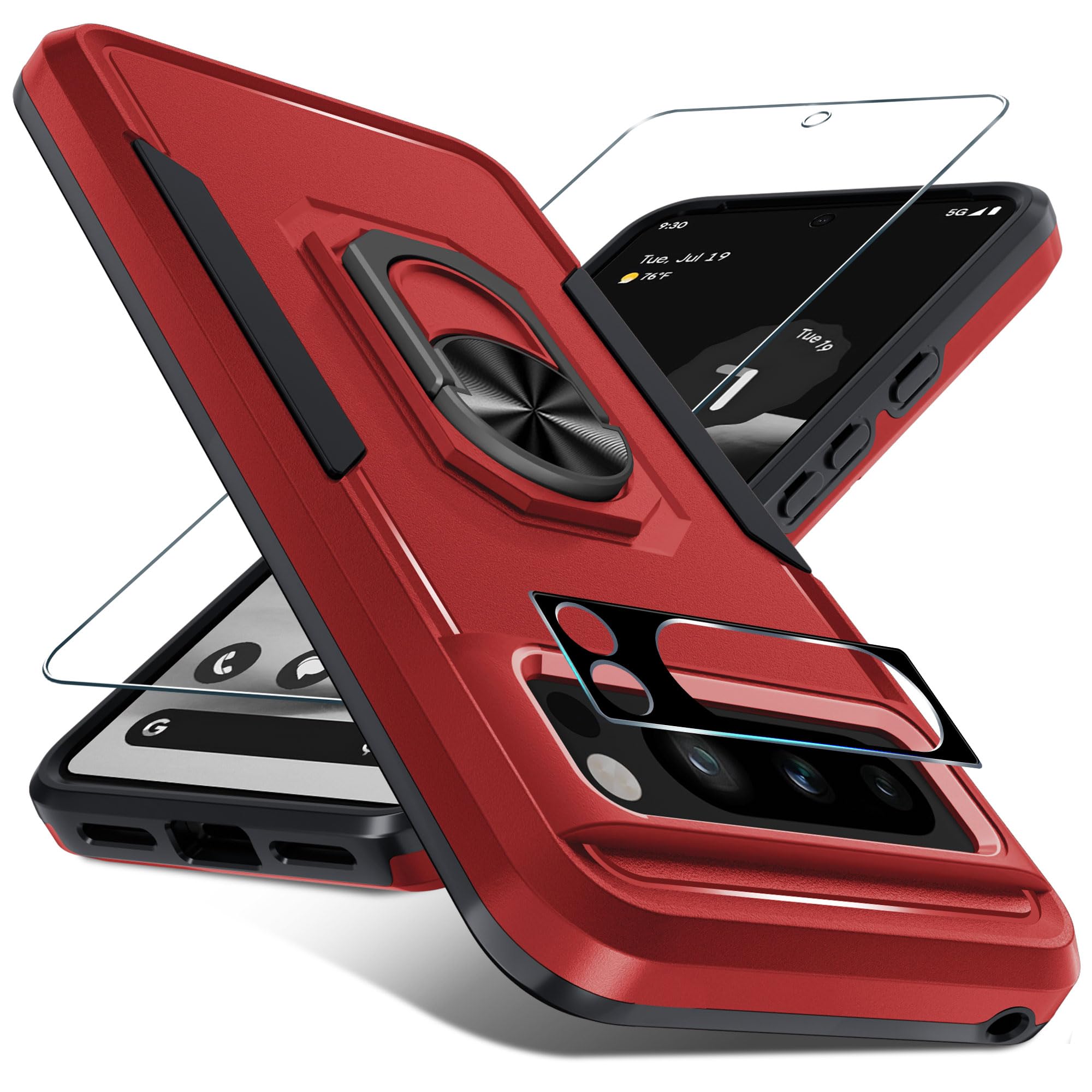 Janmitta Shockproof Heavy Duty Case for Google Pixel 8 Pro with Built-in Screen Protector & Camera Lens Cover - Full Body Protection with Metal Ring Holder & Kickstand (2023, Red) | Perfect for Outdoor Activities, Travel & Daily Use