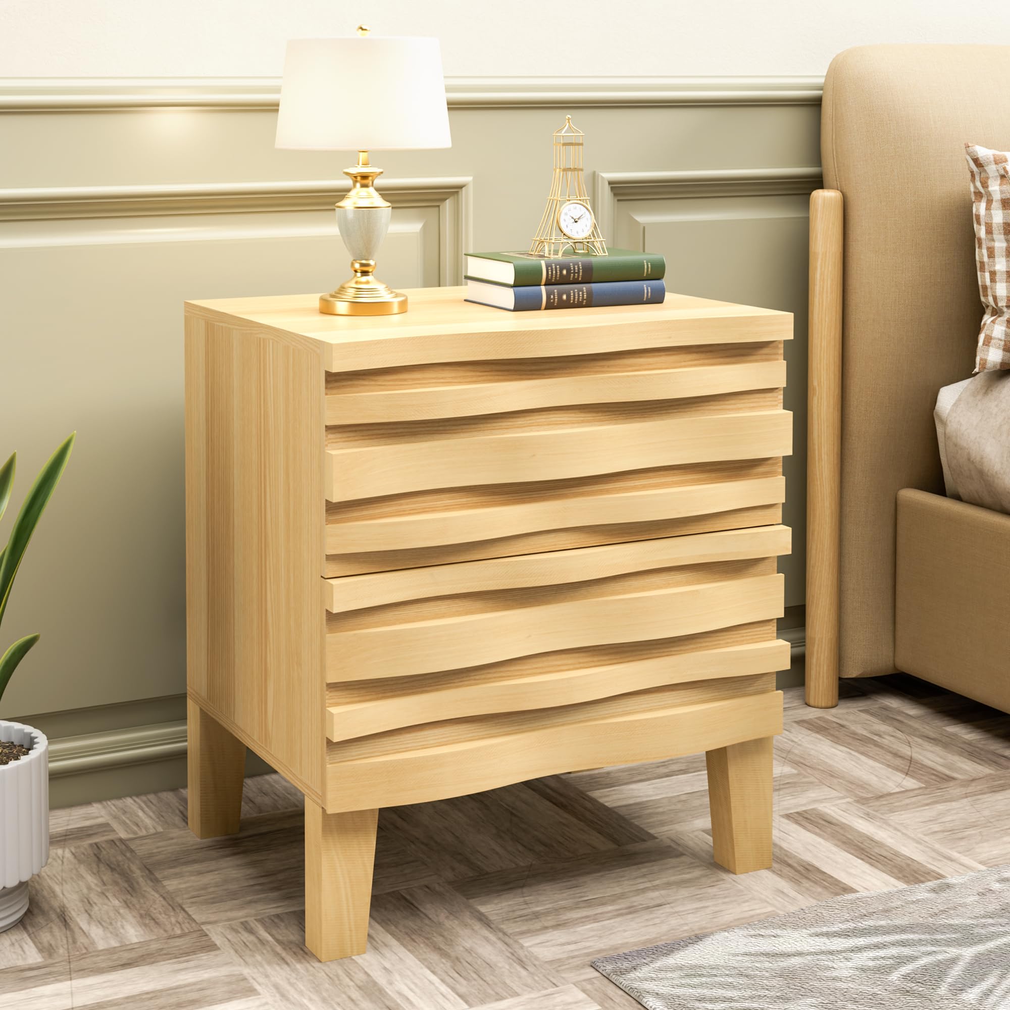Mid Century Modern 6-Drawer Dresser and Nightstand Set - Solid Wood Bedroom Furniture with Fluted Design & Moire Pattern - Ivory White Storage Set for Master Bedroom, Guest Room, or Apartment