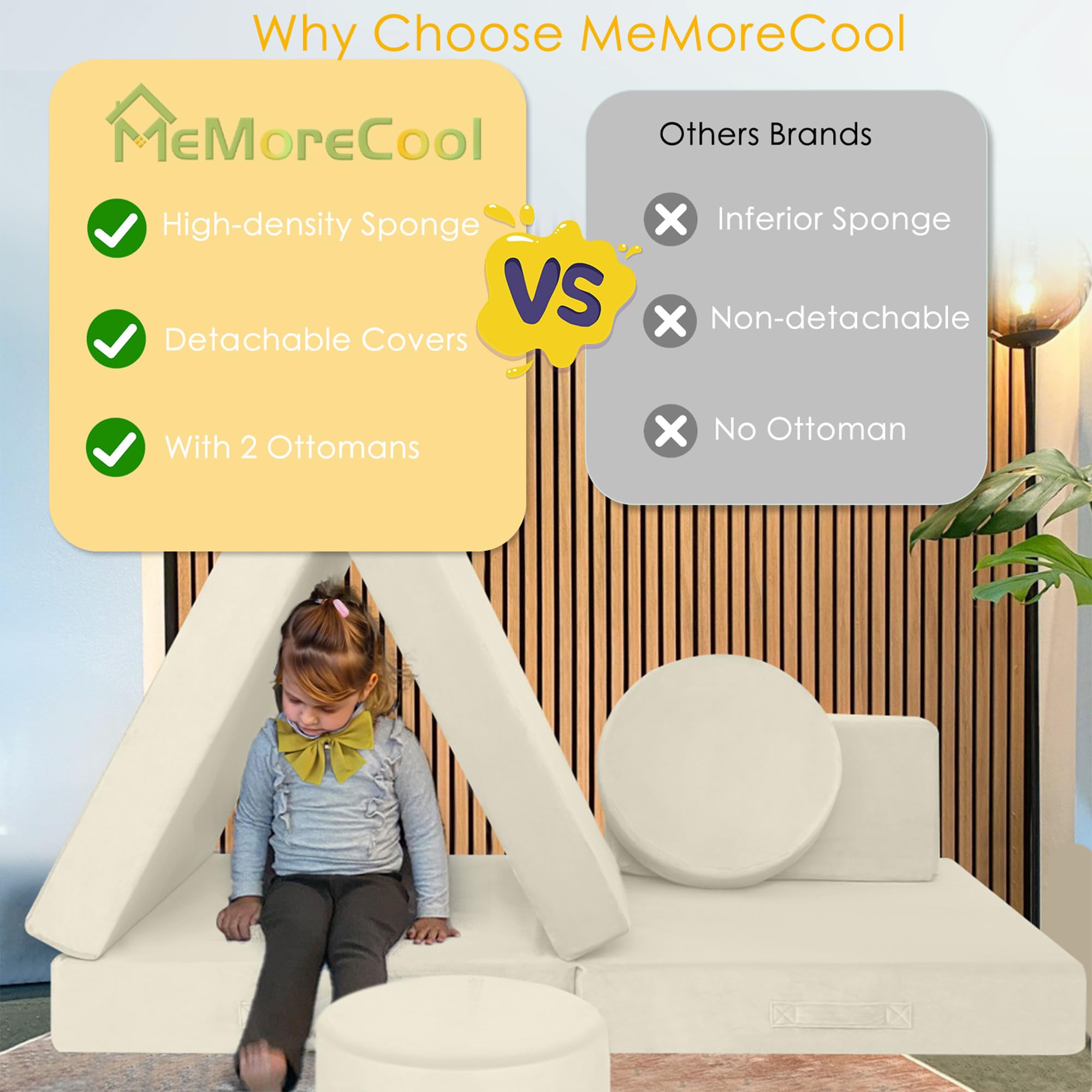 MeMoreCool Modular Kids Play Couch - Beige Foam Sofa & Fort Building Set for Toddlers | Indoor Playroom Furniture for Creative Play & Learning