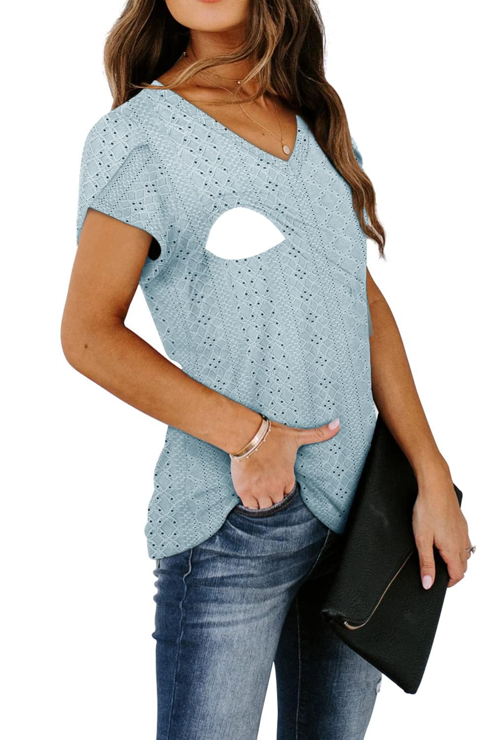 Women's V-Neck Knitted Nursing T-Shirt with Petal Sleeves - Comfortable Breastfeeding Top for Moms - Perfect for Nursing, Lounging & Everyday Wear