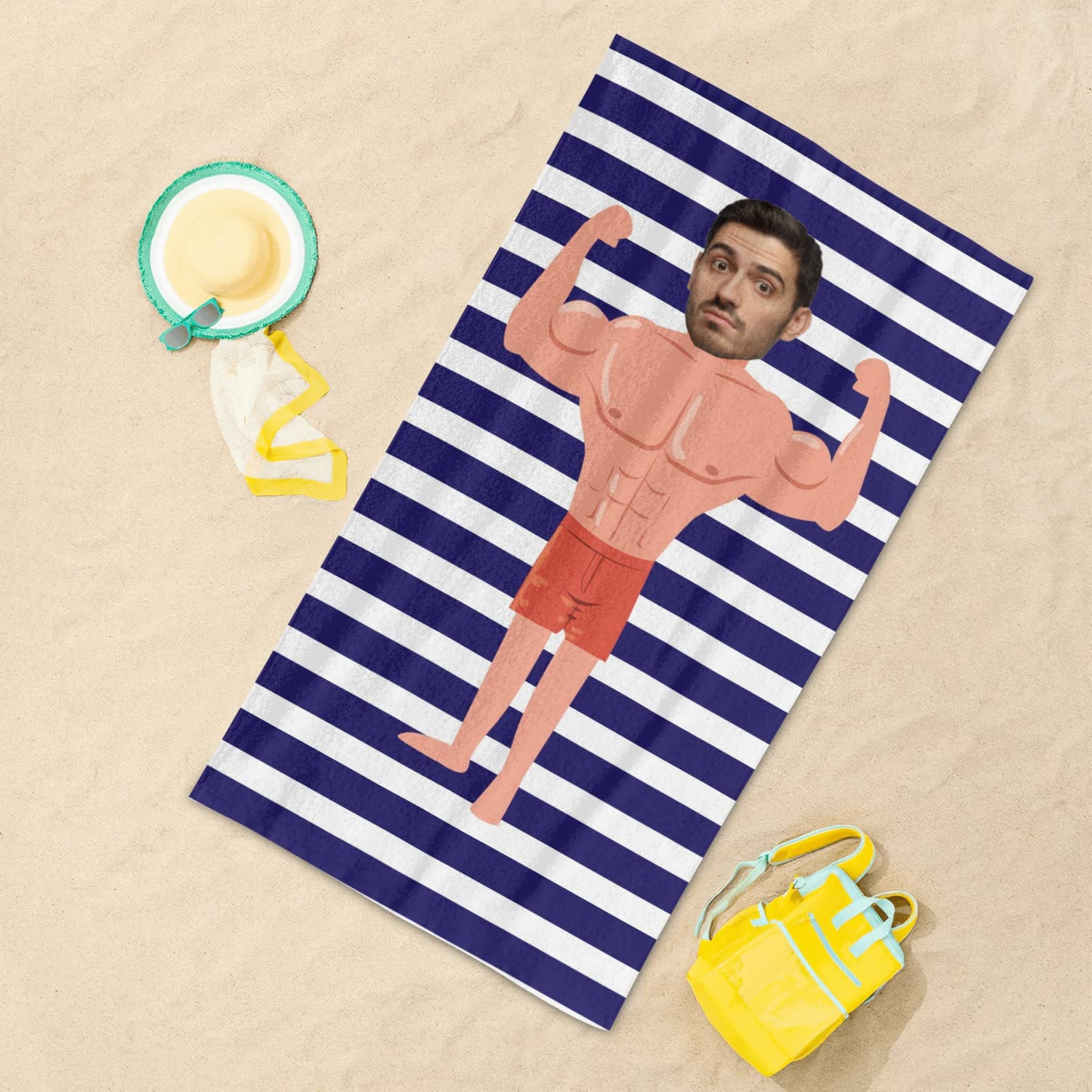 Custom Personalized Beach Towel - Strong Man Blue Strip Design | Large Soft Bath Towel & Swim Blanket for Kids, Men, Women | Perfect for Pool, Beach, Vacation & Gym Use