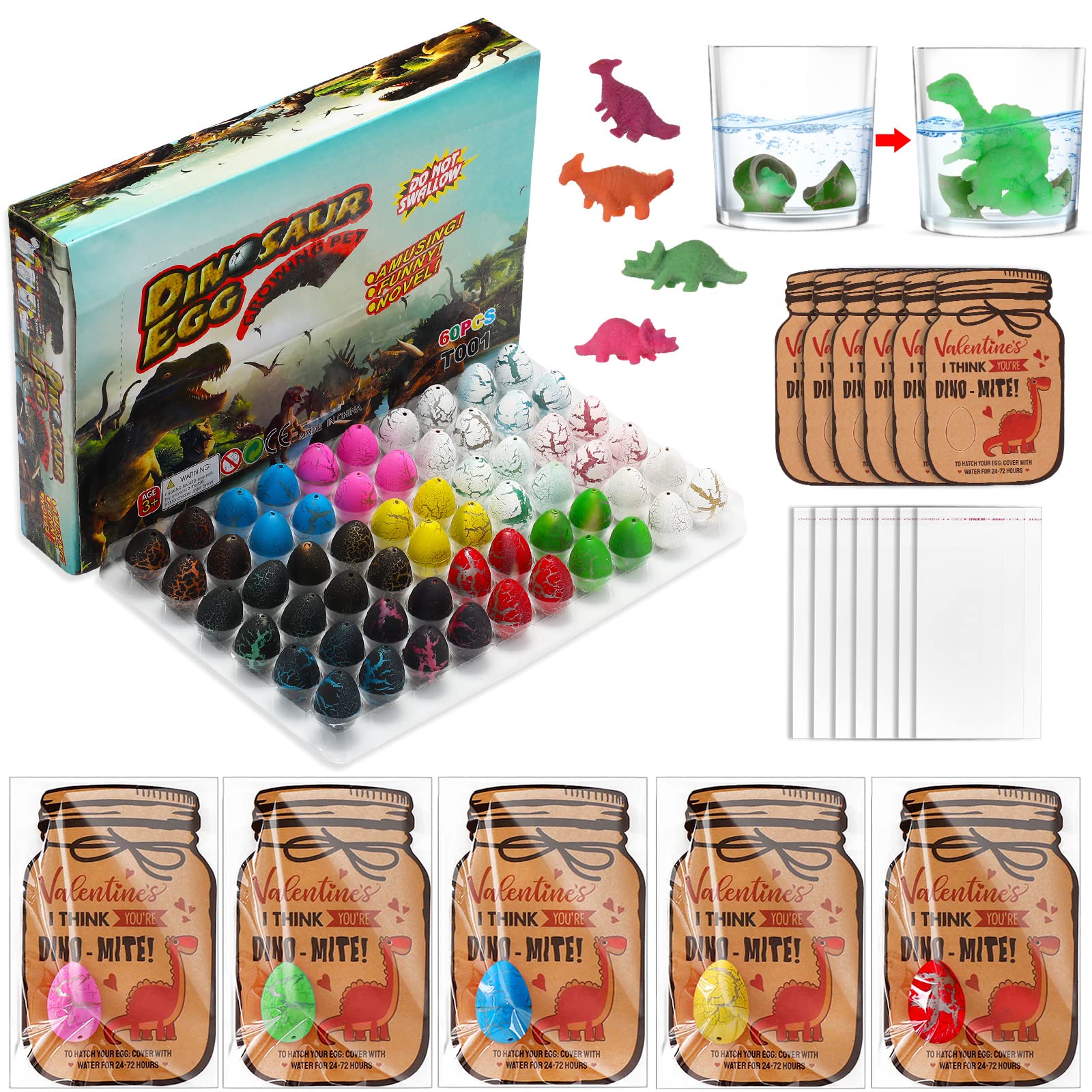 Dinosaur Egg Hatching Kit - 60 Pcs Dino Party Favors for Kids, Valentine's Day Gifts, Birthday & Easter Party Supplies - Fun Educational STEM Toy for Boys & Girls | Perfect for Classroom Activities, Birthday Parties & Easter Egg Hunts