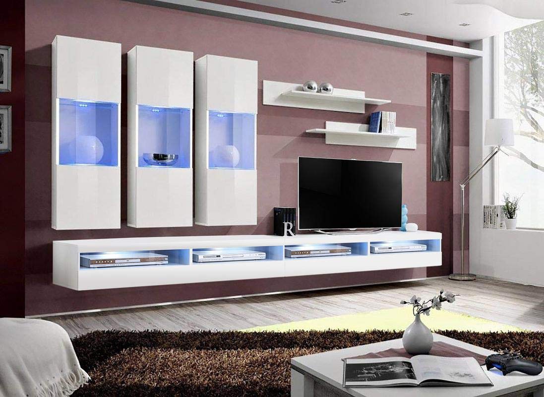 Modern White Wall-Mounted TV Stand with Storage Shelves & LED Lights - E2 35TV Entertainment Center Console for Bedroom & Living Room - Perfect for Small Spaces, Apartments & Home Theater Setup