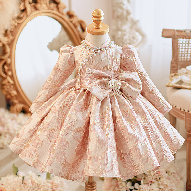 Elegant Baby Girl Pearl Plate Button Bow Pattern Princess Dress - Toddler Ball Gowns & Pageant Dresses for Special Occasions, Birthday Parties & Photo Shoots