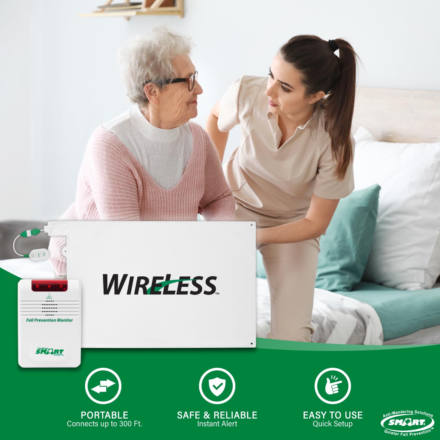 Smart Caregiver Cordless Bed Exit Alert System - Wireless Monitor with 20
