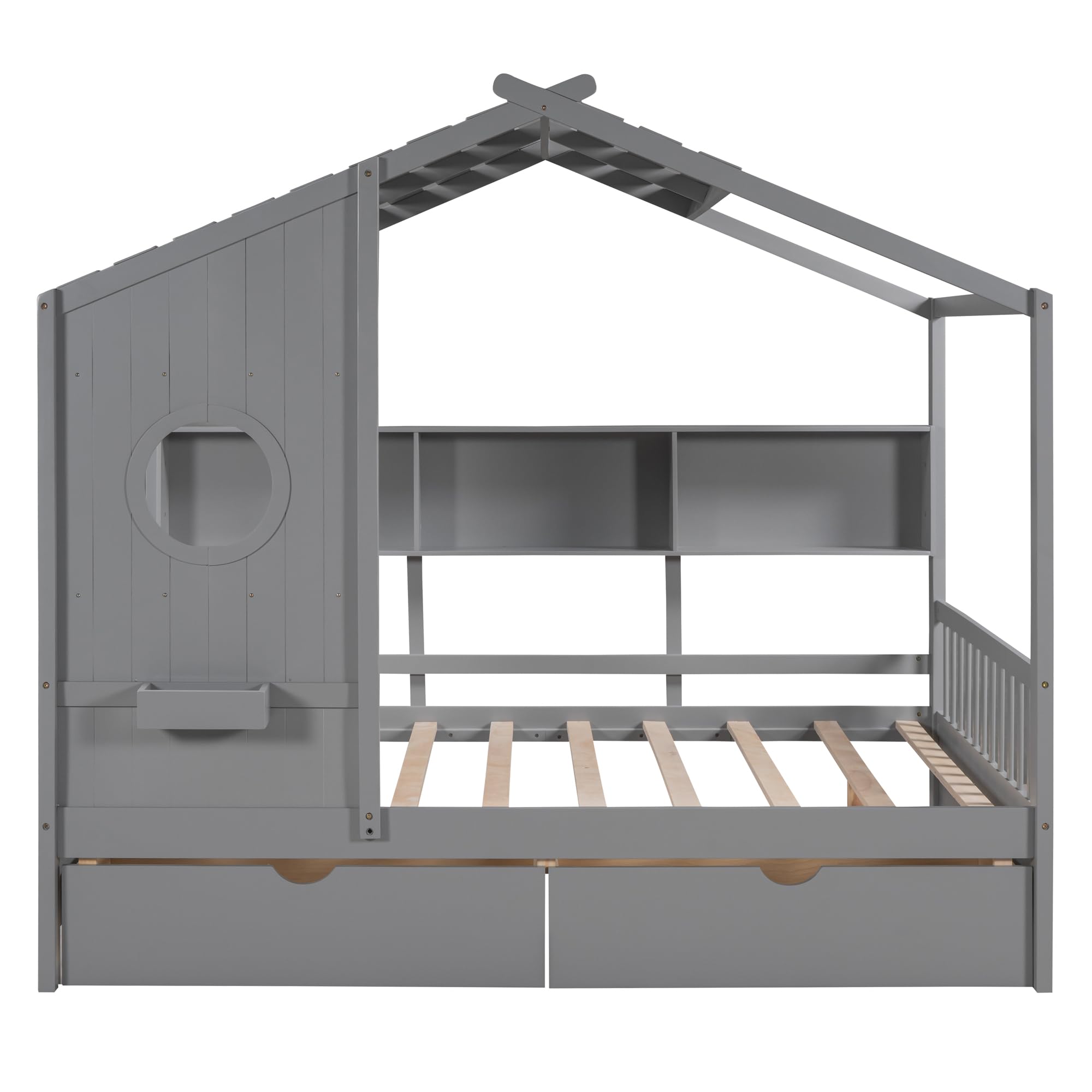 MERITLINE Full Size House Bed for Kids - Wooden Bed Frame with 2 Storage Drawers, Built-in Shelf & Slat Support - No Box Spring Needed - Grey - Perfect for Kids' Bedroom, Playroom & Small Space Organization