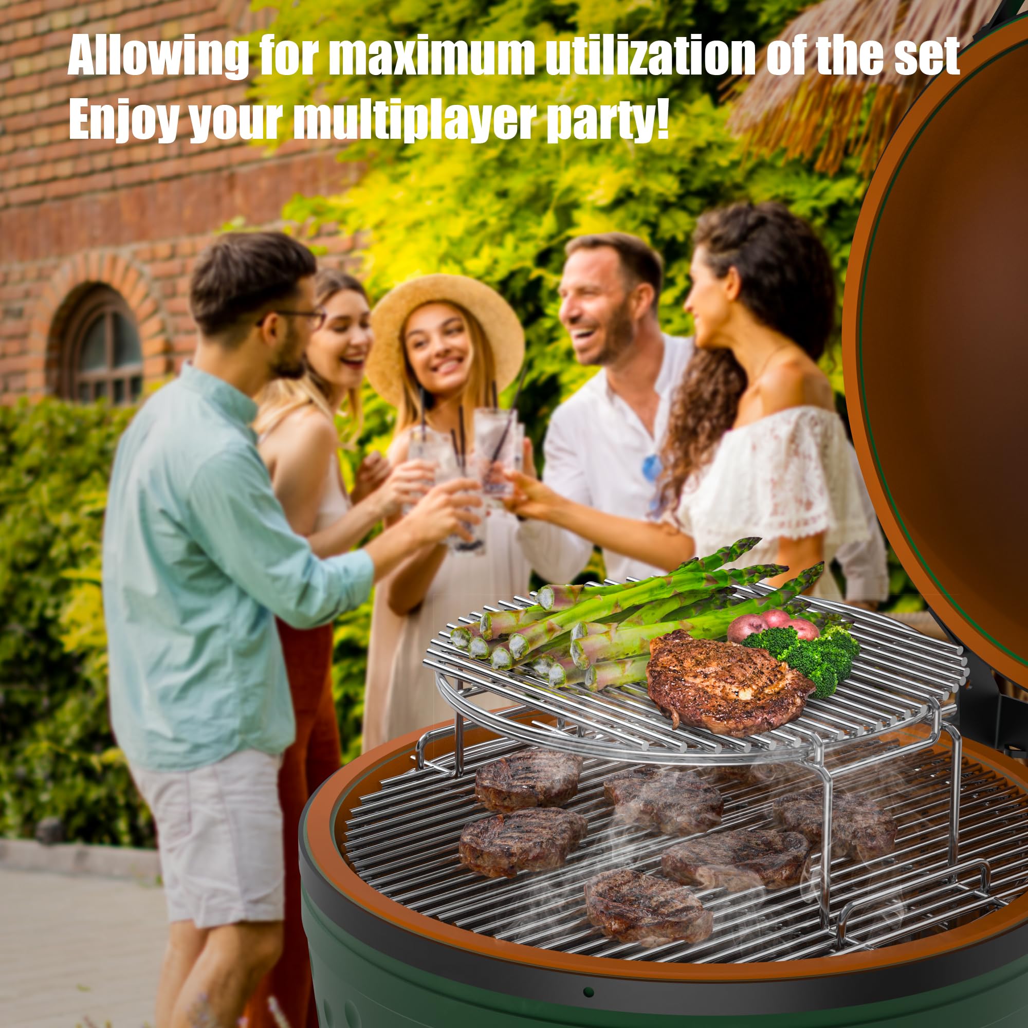 BBQ-PLUS Heavy Duty Stainless Steel 3-Tier 5-Piece Grill Basket Accessories with Removable Cooking Rack System - Replacement Kit for Large Big Green Egg - Perfect for Backyard BBQ, Grilling, Smoking & Outdoor Cooking