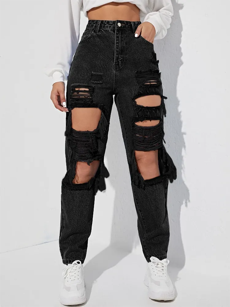 Women's Black High Waist Distressed Denim Patchwork Wide Leg Pants - Casual Loose Fit Button Fly Jeans for Fall Fashion | Perfect for Everyday Wear, Office Outfits & Autumn Styling