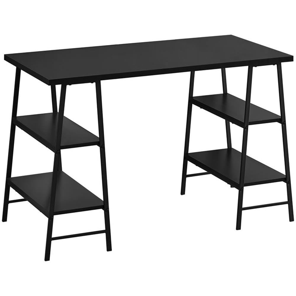Pemberly Row 3-Tier Wood Top Sawhorse Computer Desk - Black Home Office Desk for Work, Study & Gaming | Sturdy Writing Table for Small Spaces & Dorm Rooms