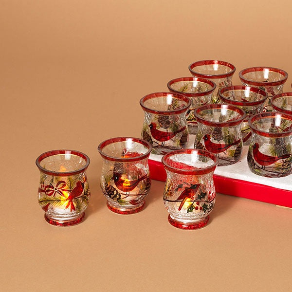 3.5 Inch Hand Painted Cardinal Crackle Glass Candle Holder - Holiday Decor, Christmas Table Centerpiece, Winter Home Decoration