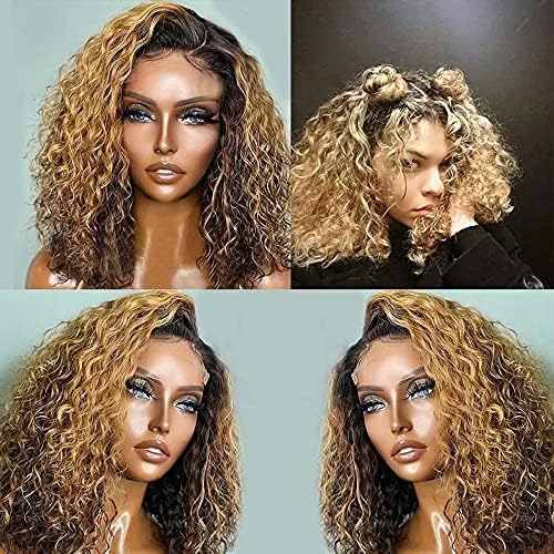 Brazilian Remy Human Hair Short Bob Wig - 16inch 180% Density 13x6 HD Transparent Lace Front Wig with Baby Hair (1B/27 Ombre Brown Honey Blonde) | Glueless & Pre-Plucked | Perfect for Daily Wear, Cosplay & Special Occasions