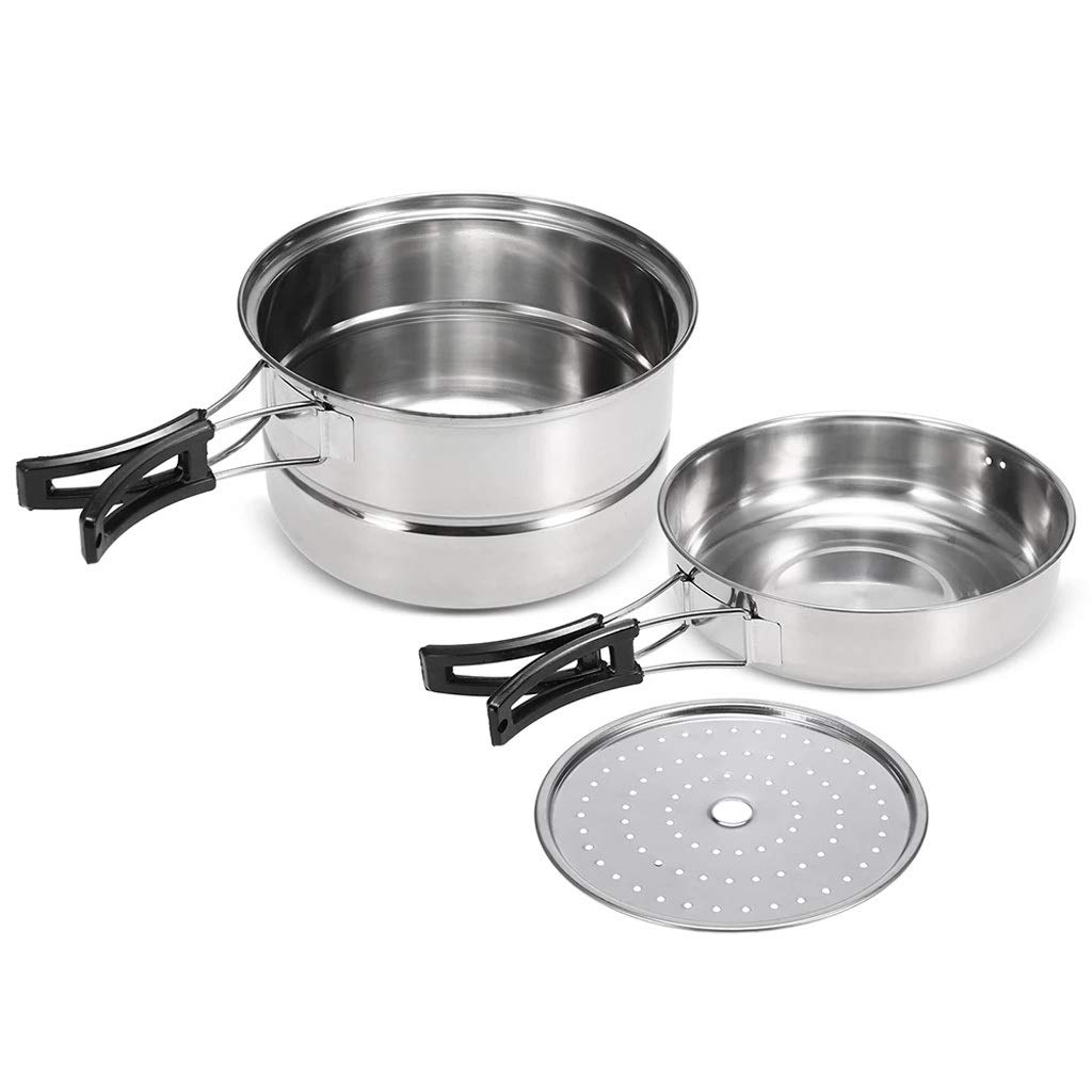 Premium Camping Cookware Set - 10-Piece Outdoor Cooking Kit with Stockpot, Frying Pan & Steaming Rack for Backpacking, Hiking & RV Trips | Durable Stainless Steel Portable Kitchen Gear for Camp, Home & Emergency Preparedness