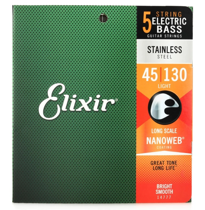 Elixir 14777 Nanoweb Light Gauge .045-.130 Electric Bass Strings for 5-String Long Scale - Perfect for Studio Recording & Live Performances