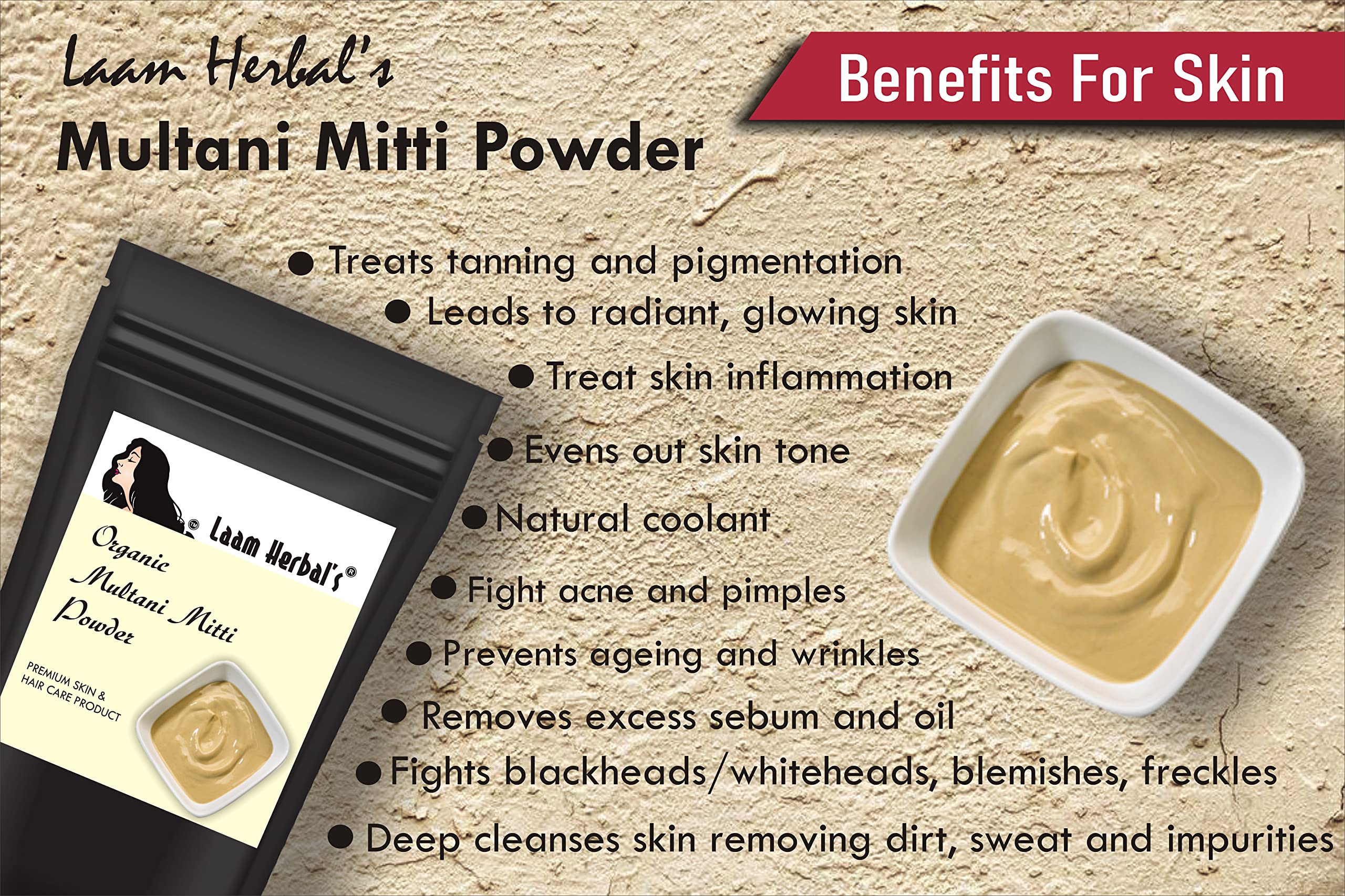 Laam Herbals Multani Mitti Powder - 1000g | Natural Skin Glow & Anti-Acne Face Mask | Unclogs Pores, Controls Oil, Reduces Tan & Wrinkles | For Radiant Skin & Healthy Hair | Perfect for Daily Skincare & Spa Treatments