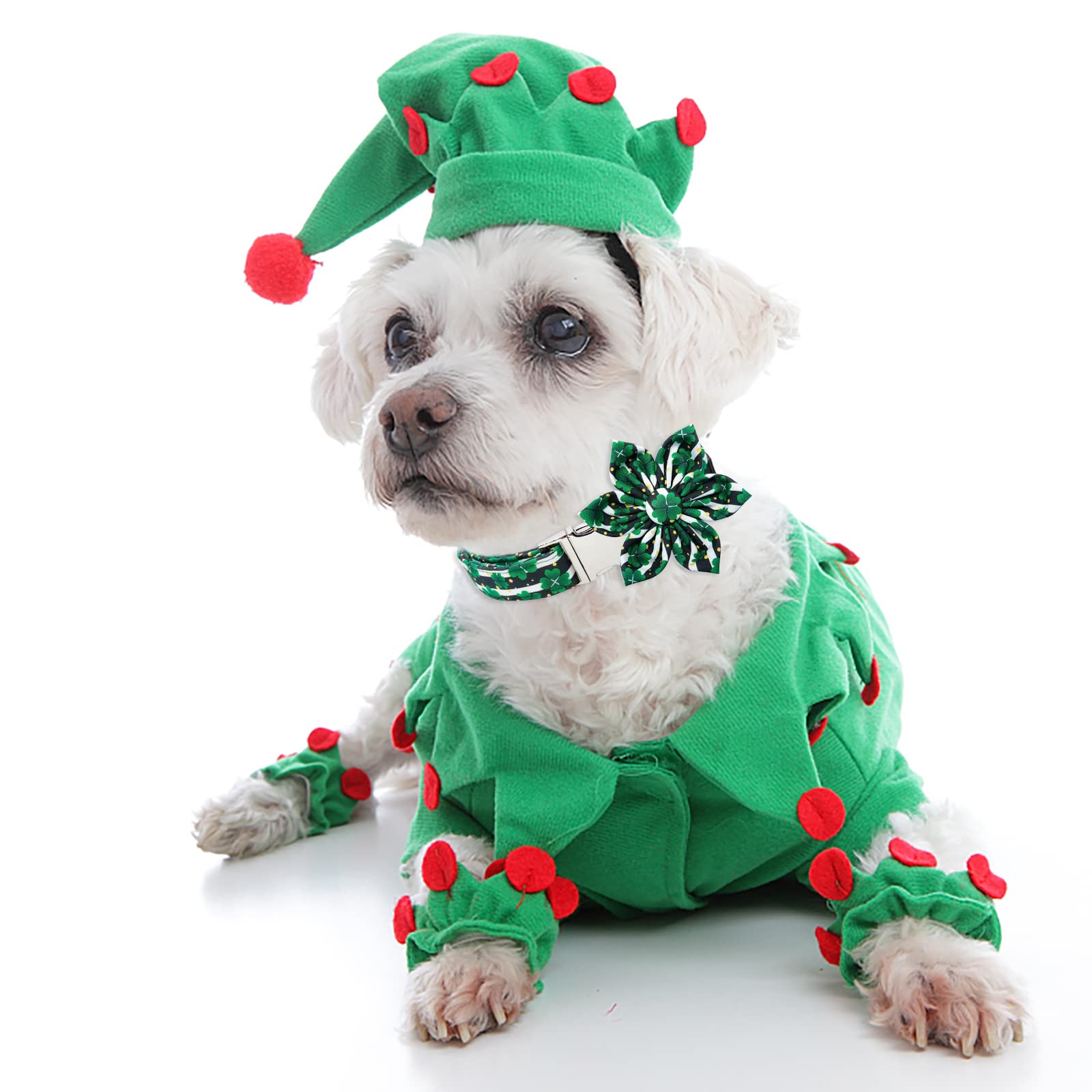 Adjustable St. Patrick's Day Dog Collar with Floral Bow Tie - Irish Clover Shamrock Design for Small, Medium & Large Dogs - Soft & Comfortable for Puppies (Black & White) | Perfect for Spring Festivals, Pet Parades & St. Patrick's Day Celebrations