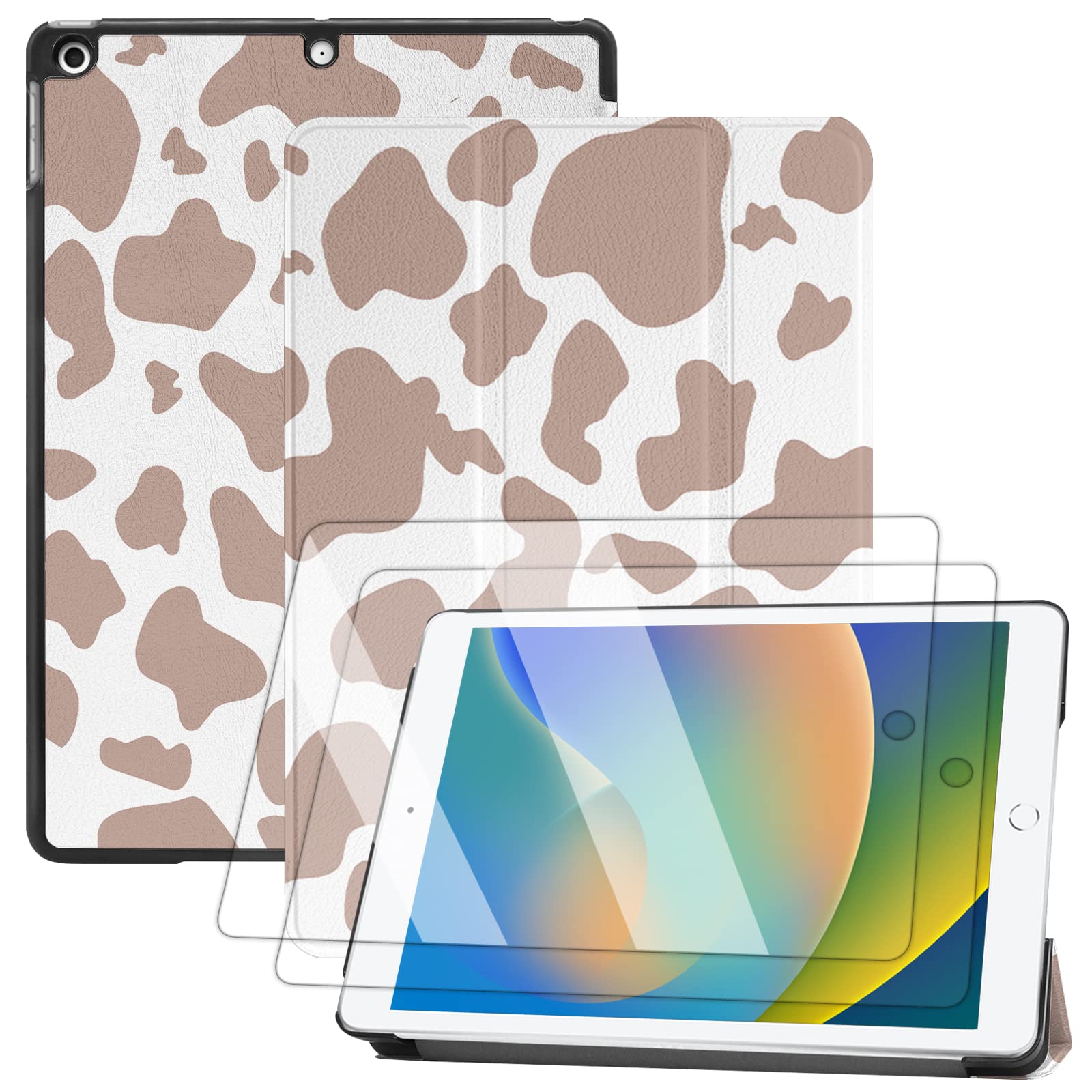 Premium iPad 9th/8th/7th Generation Case (2021/2020/2019 Models) with 2-Pack Screen Protectors - 10.2 Inch Shockproof Hard Back Cover with Auto Sleep/Wake - Western Cowhide Brown Design | Perfect for Work, School & Travel Protection