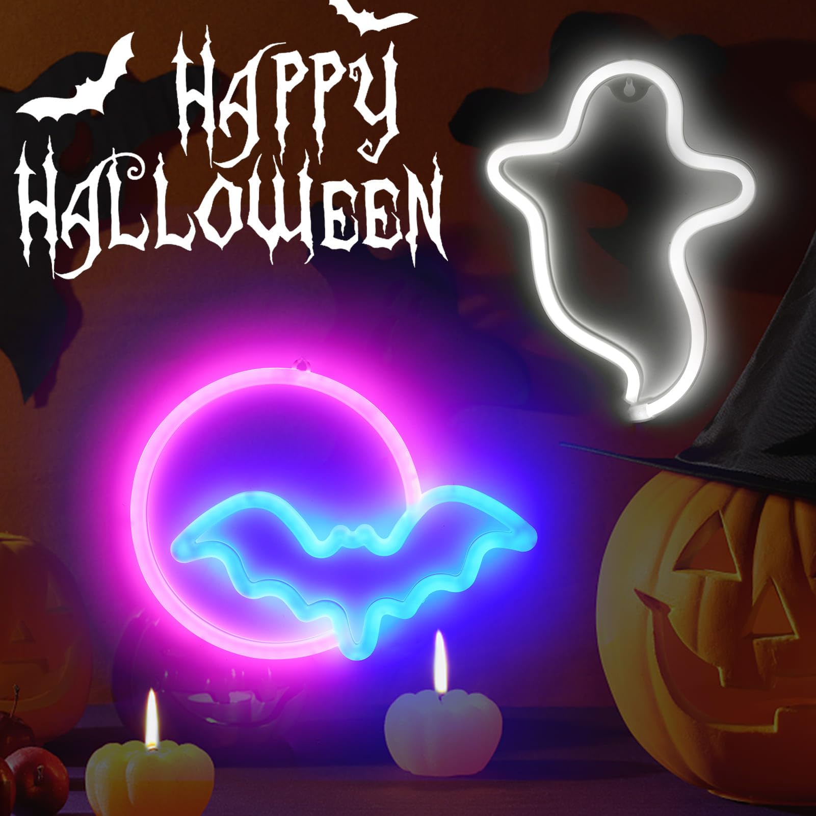 BRIGHTDECK 2 Pack Halloween Neon Signs - White Ghost & Blue Bat Full Moon LED Decor | USB/Battery Powered Wall Art for Halloween Party, Bedroom, Living Room, Bar | Spooky Home Decor & Kids Gift for Trick-or-Treating