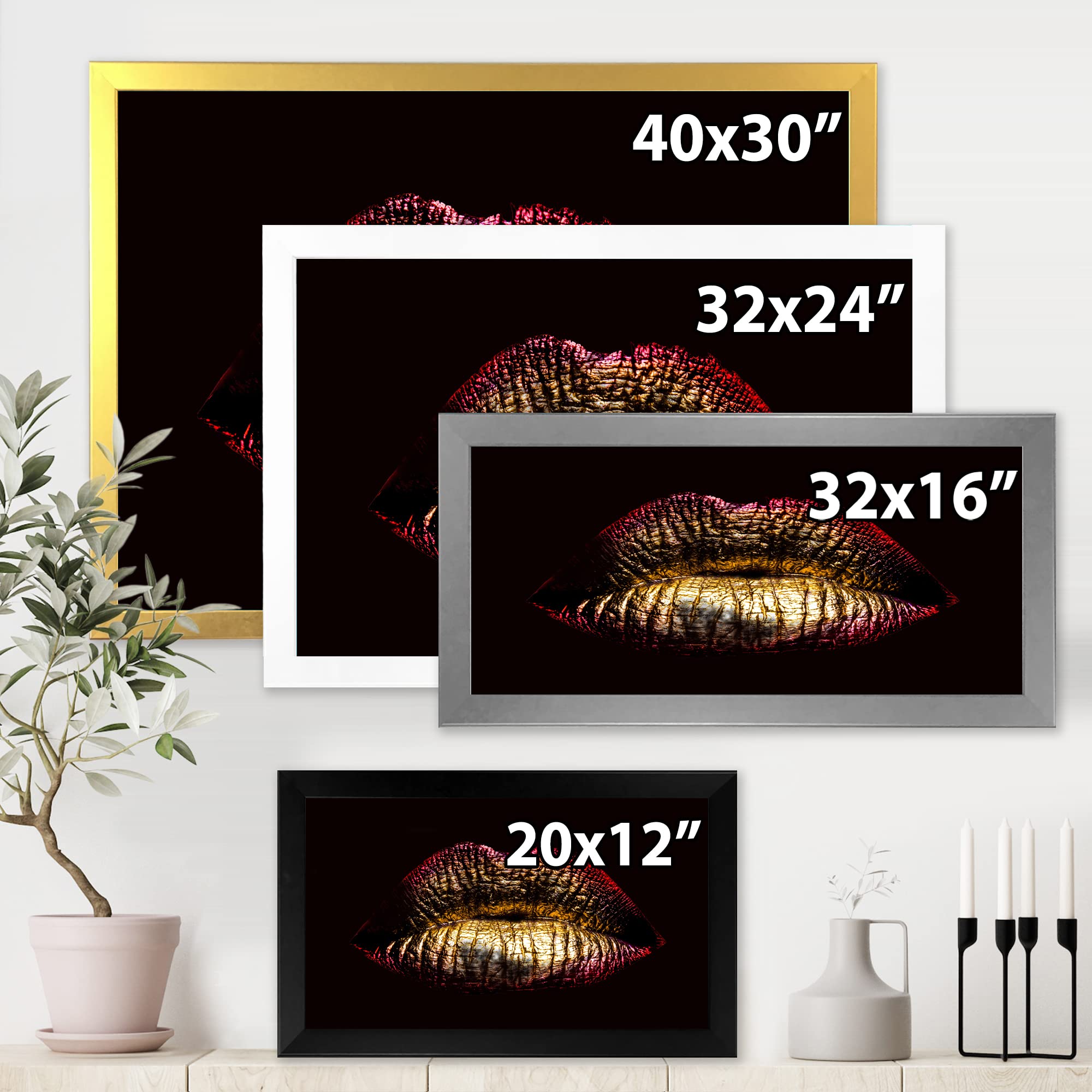 Golden Metallic Lips IV Modern Framed Wall Art - Elegant Home Decor for Living Room, Bedroom & Office