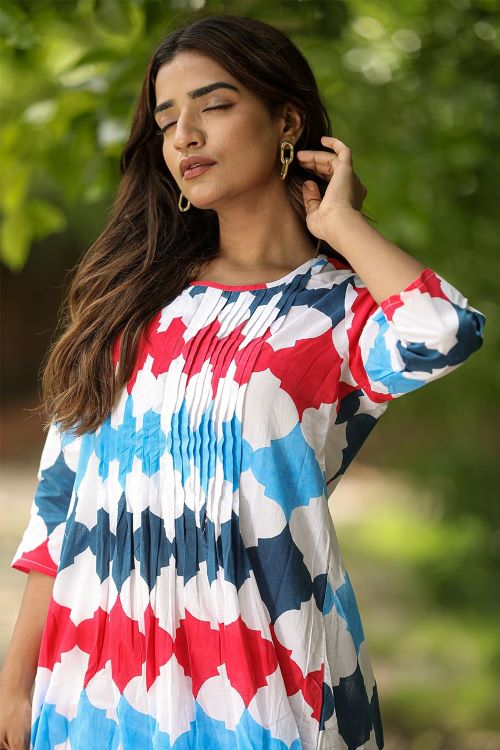 SootiSyahi 'Valley Of Flower' Handmade Block Printed Cotton Dress - Boho Chic Floral Summer Dress for Women, Perfect for Beach Vacations & Outdoor Festivals