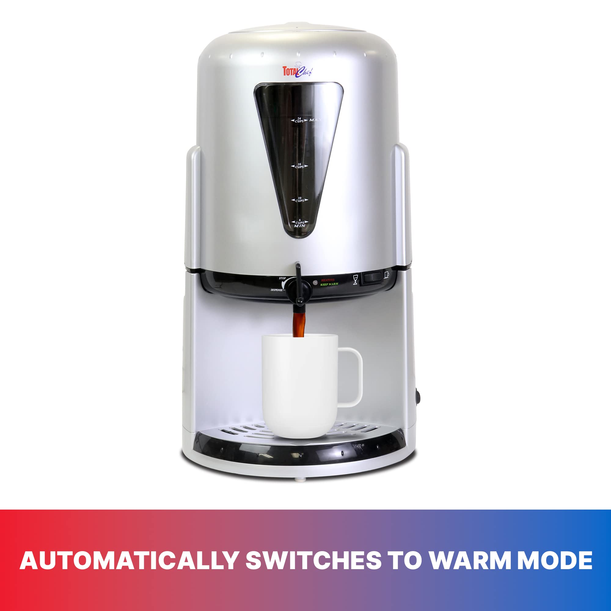 Total Chef 24 Cup Electric Coffee Urn - 1.5 Gal Automatic Hot Beverage Maker for Coffee, Tea, Cider & Mulled Wine - Double Wall Insulated Stainless Steel Percolator with Hands-Free Dispenser - Perfect for Parties, Catering & Office Use