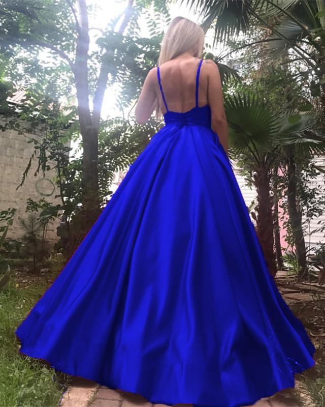 Elegant Royal Blue Satin Evening Dress with Deep V-Neck - Perfect for Prom, Gala & Formal Events