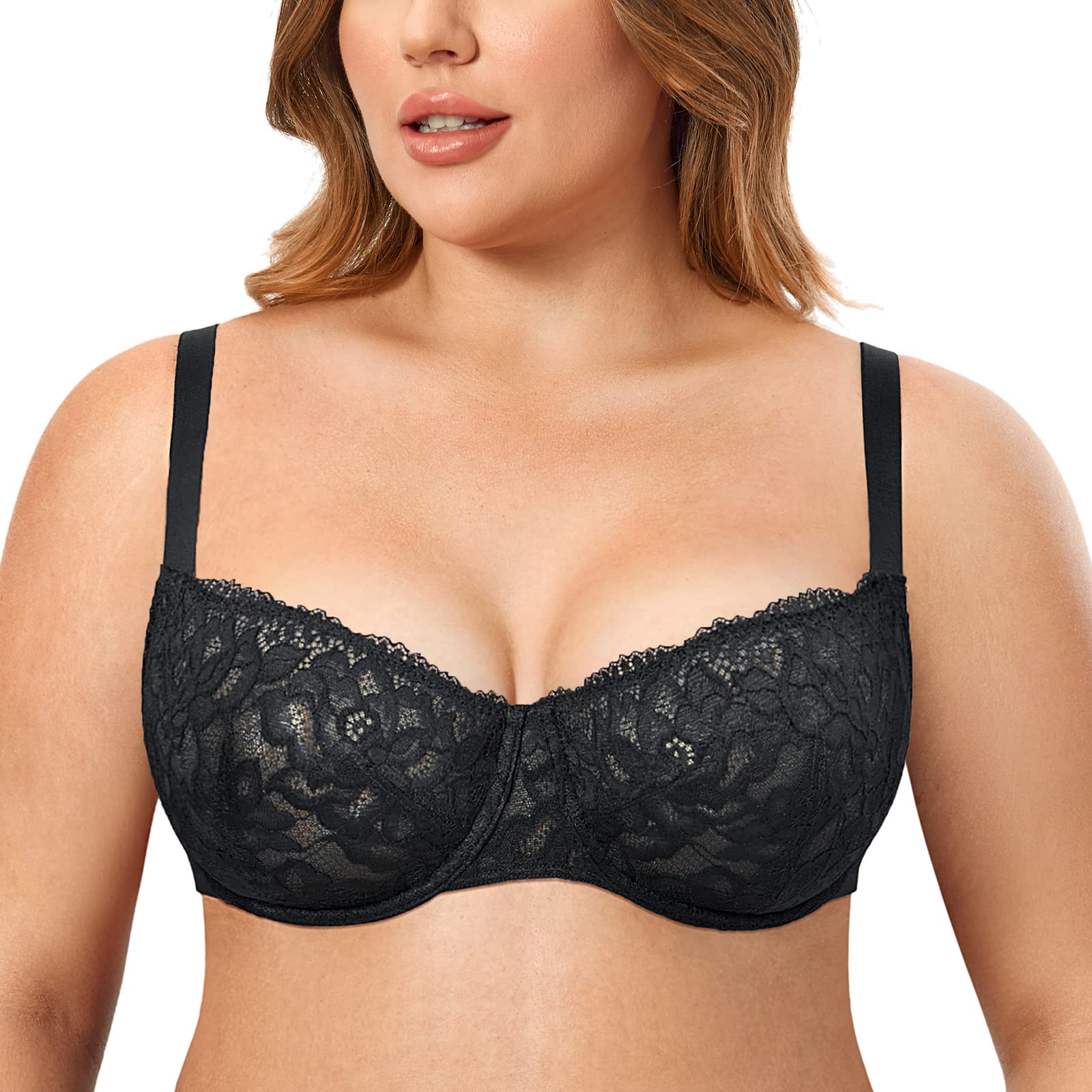 DELIMIRA Women's Balconette Push Up Bra - Underwire Unlined Lace Bralette, Plus Size & Full Coverage - Perfect for Date Nights & Sensual Lingerie Looks