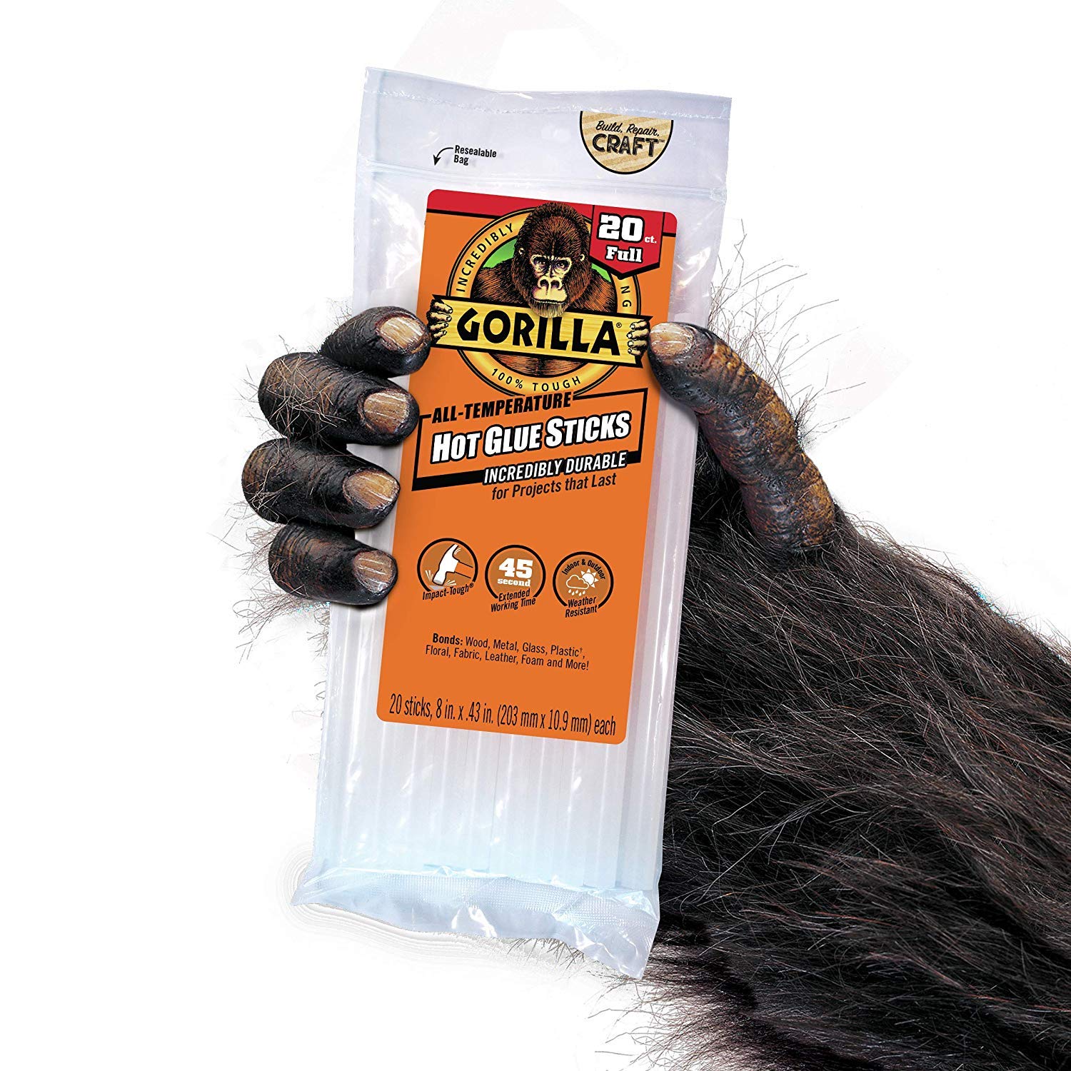 Gorilla Hot Glue Sticks - 20 Count, 8 Inch Full Size Clear Adhesive for DIY Crafts, Woodworking, Home Repairs & School Projects (3 Pack)
