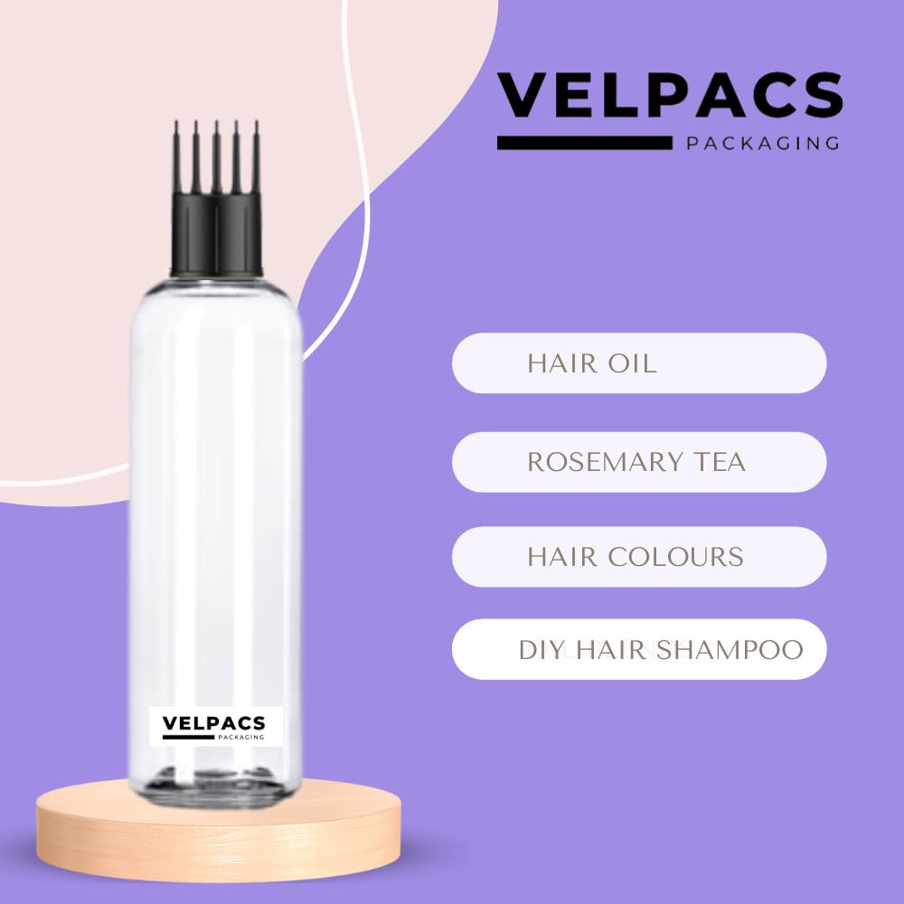 VELPACS 200ml Empty Plastic Bottle for Hair Oil, Rosemary Tea, Hair Color & Shampoo | Travel-Friendly Hair Root Applicator with Comb Head | Perfect for DIY Hair Treatments & On-the-Go Use (Pack of 3)