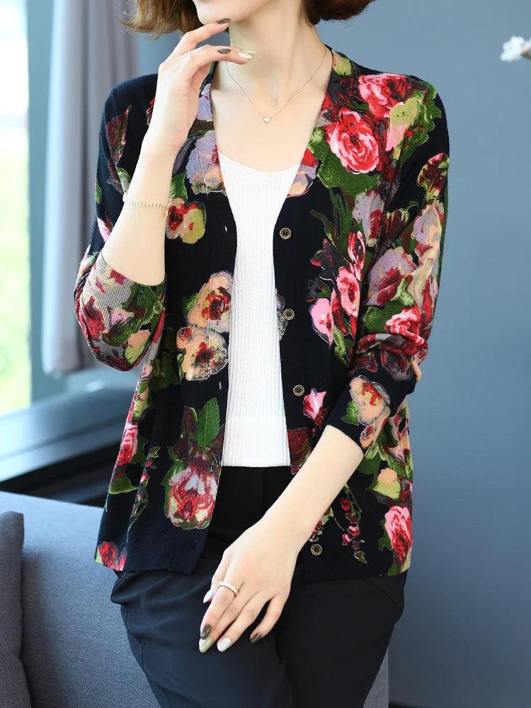 Women's Floral Print Cardigan - Casual Long Sleeve Knitwear | Single Breasted Autumn Cardigan | Soft & High Quality | Perfect for Fall Layering, Office Wear & Coffee Dates