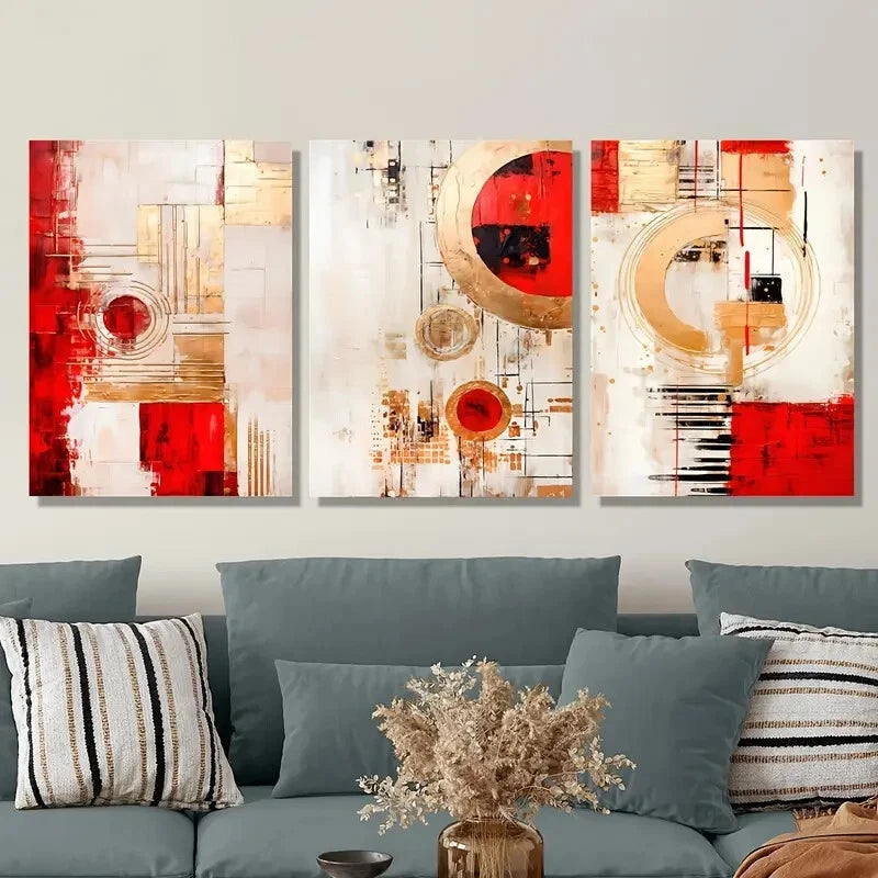 3-Piece Red Abstract Geometry Modern Wall Art Set - Framed Canvas 40x60cm (16x24in) - High Quality Print - 100% Australian Made - Ready to Hang - Perfect for Living Room, Bedroom & Office Decor